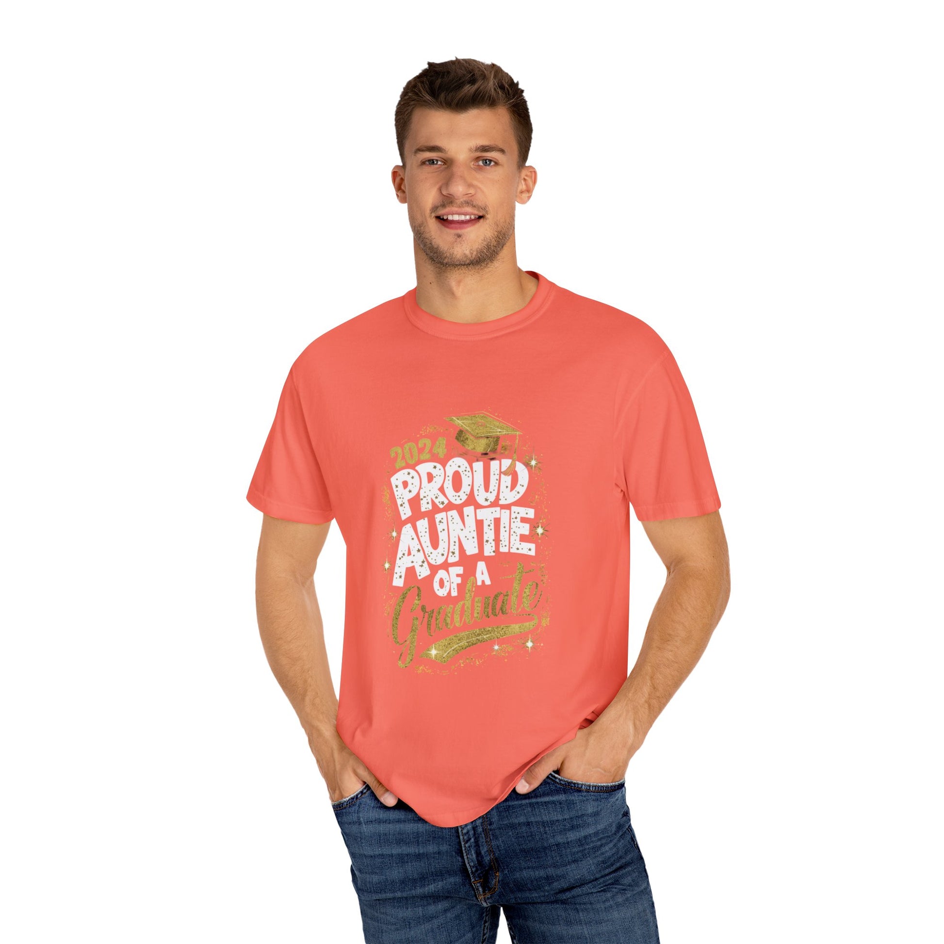 Proud Auntie of a 2024 Graduate Unisex Garment-dyed T-shirt Cotton Funny Humorous Graphic Soft Premium Unisex Men Women Bright Salmon T-shirt Birthday Gift-33