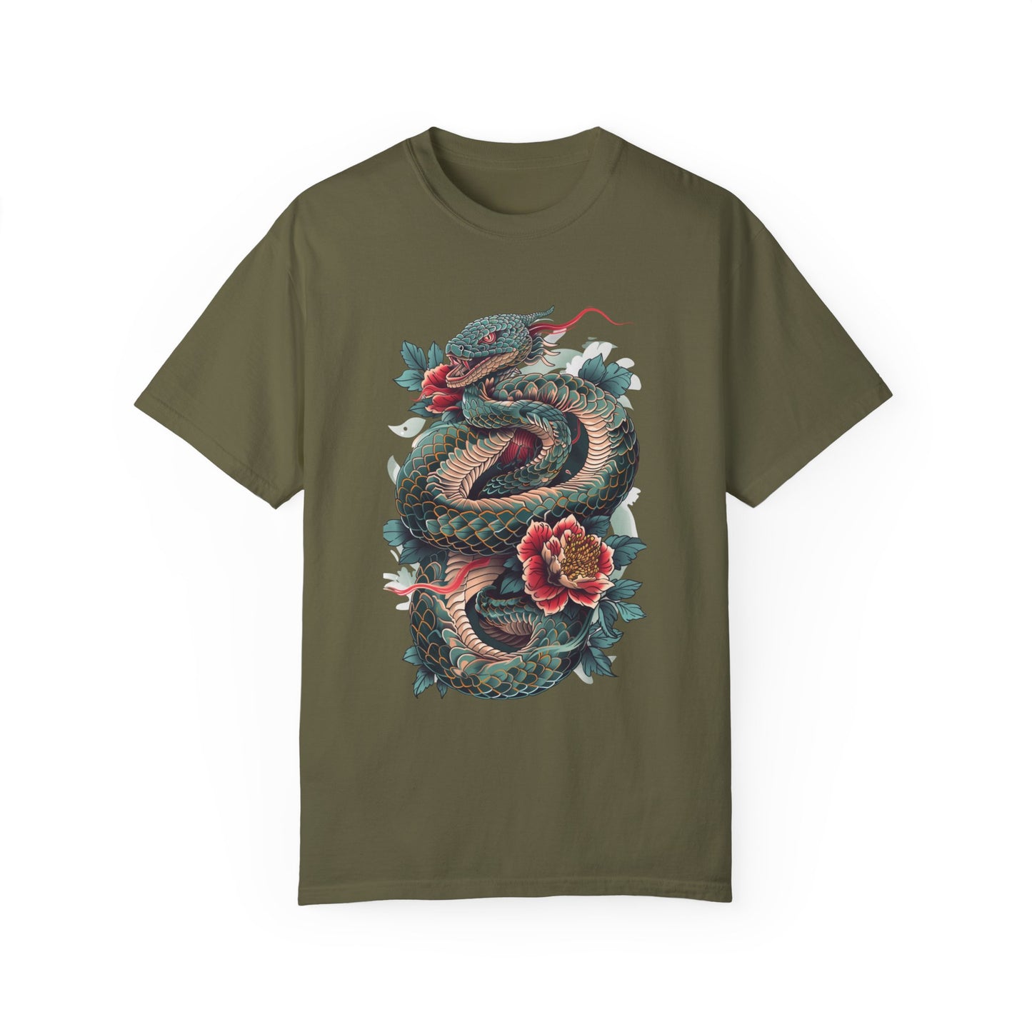 Irezumi Art King Cobra Snake Japanese Tattoo Style Graphic Unisex Garment-dyed T-shirt Cotton Funny Humorous Graphic Soft Premium Unisex Men Women Sage T-shirt Birthday Gift-13