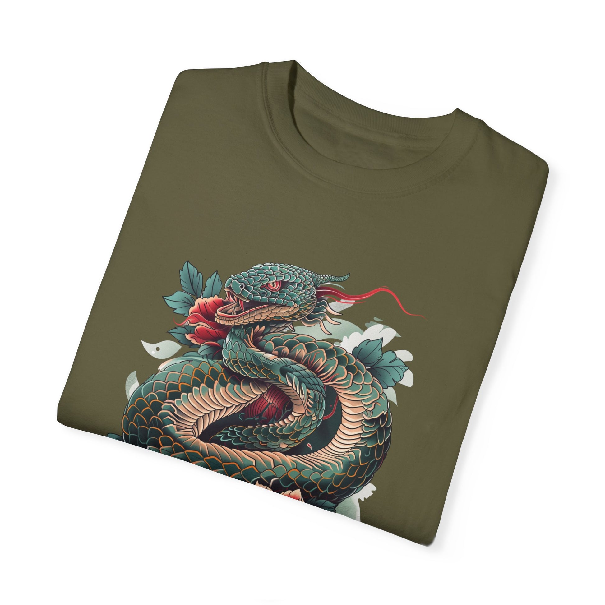 Irezumi Art King Cobra Snake Japanese Tattoo Style Graphic Unisex Garment-dyed T-shirt Cotton Funny Humorous Graphic Soft Premium Unisex Men Women Sage T-shirt Birthday Gift-53