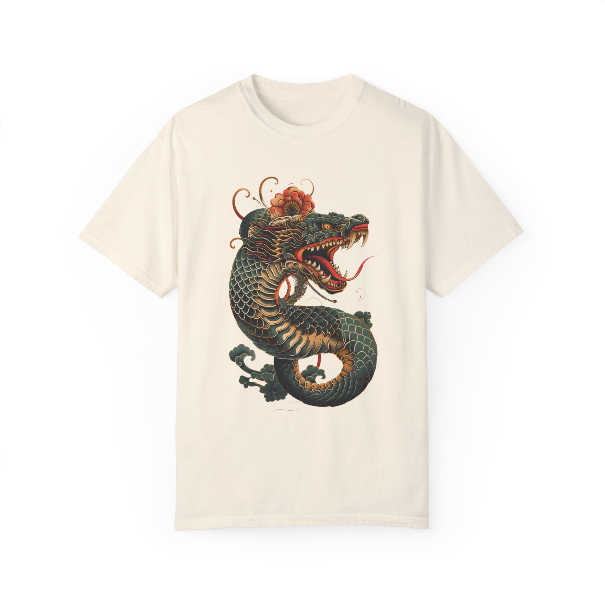 Irezumi Art King Cobra Snake Japanese Tattoo Style Graphic Unisex Garment-dyed T-shirt Cotton Funny Humorous Graphic Soft Premium Unisex Men Women Ivory T-shirt Birthday Gift-10