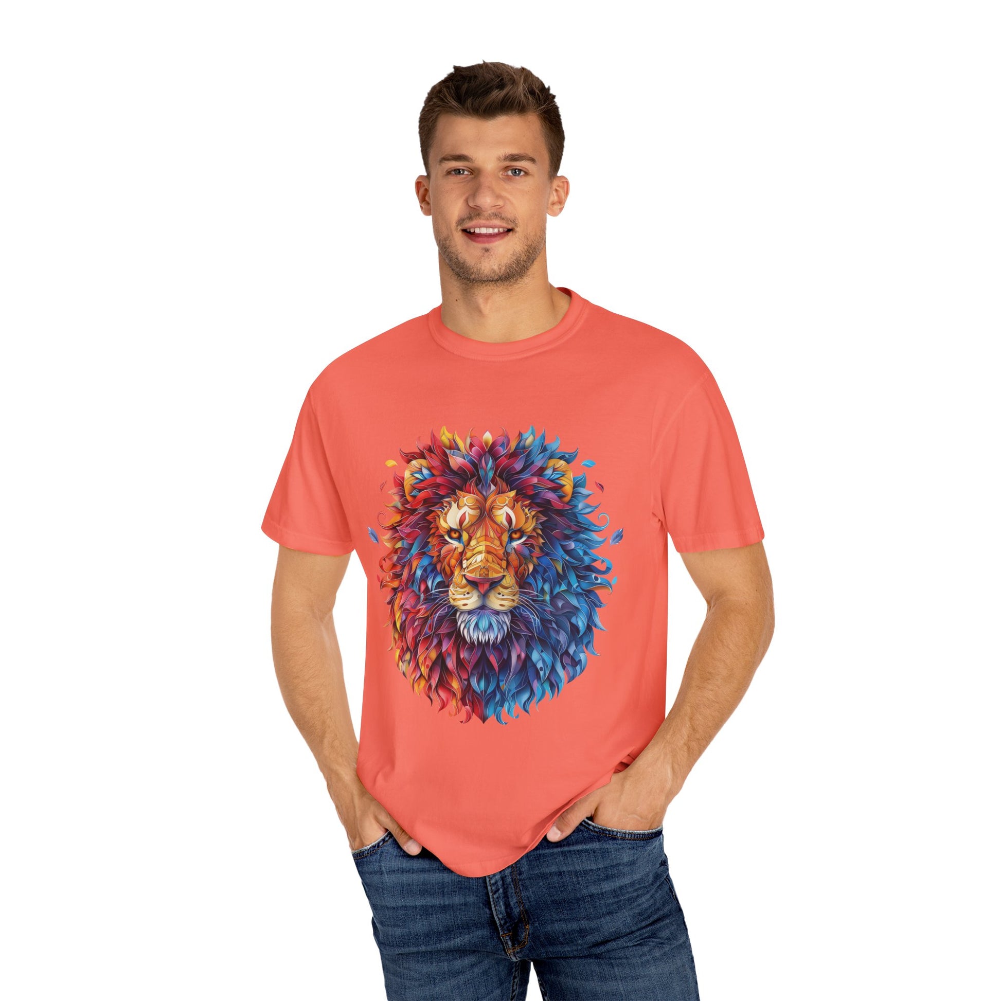 Lion Head Cool Graphic Design Novelty Unisex Garment-dyed T-shirt Cotton Funny Humorous Graphic Soft Premium Unisex Men Women Bright Salmon T-shirt Birthday Gift-33