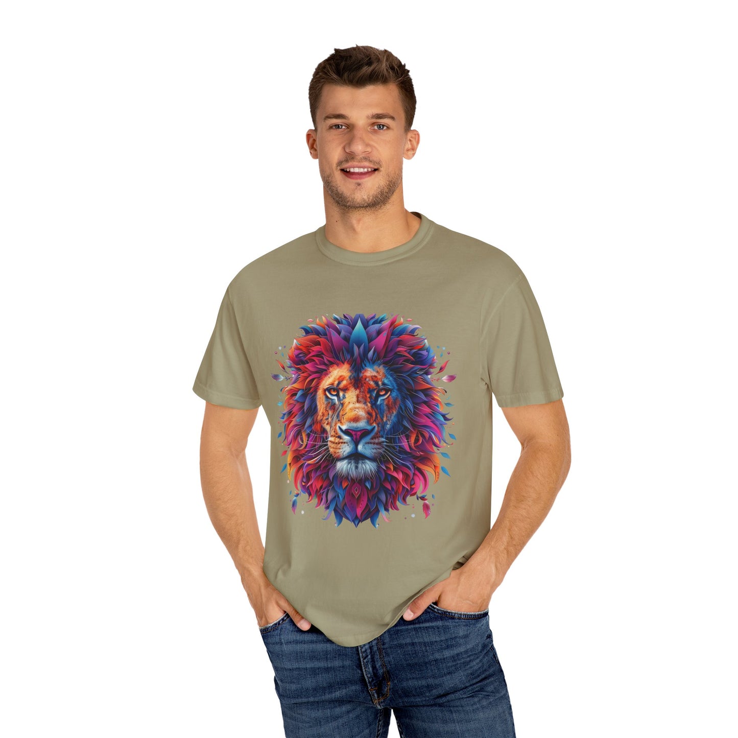 Lion Head Cool Graphic Design Novelty Unisex Garment-dyed T-shirt Cotton Funny Humorous Graphic Soft Premium Unisex Men Women Khaki T-shirt Birthday Gift-48