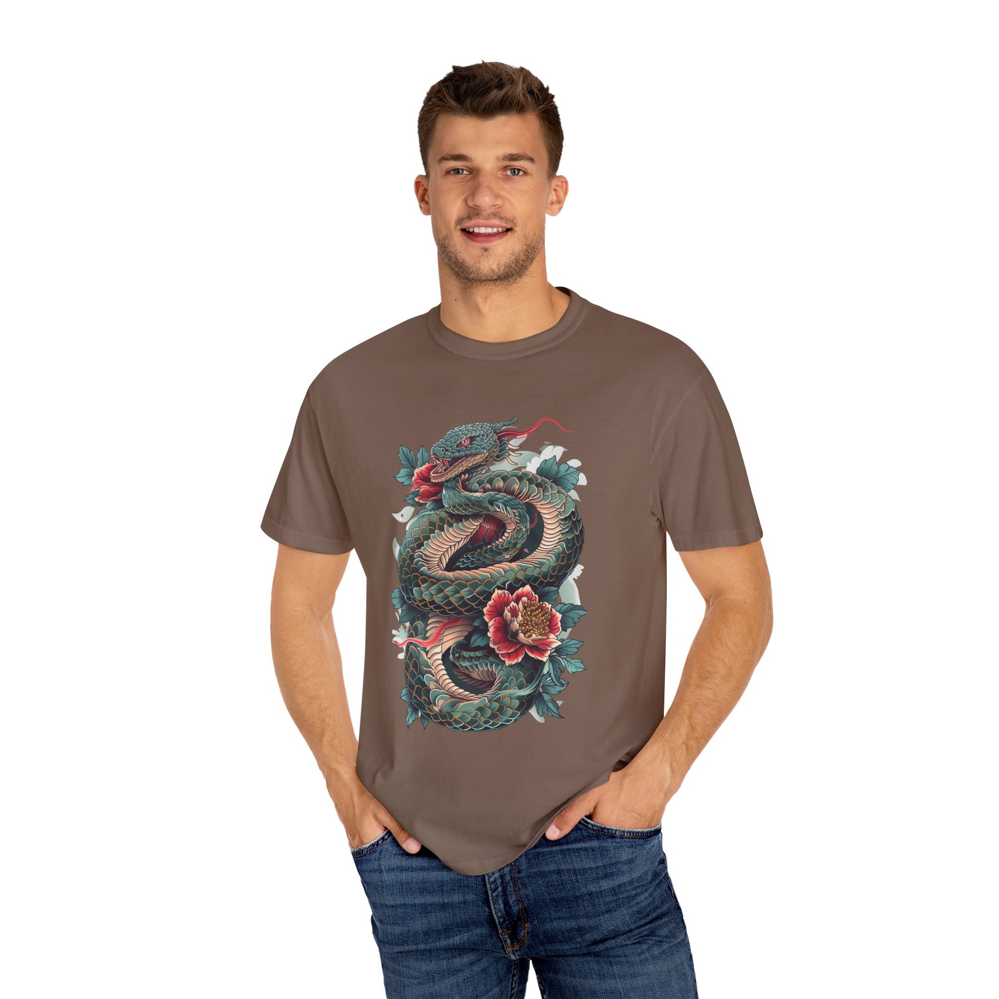 Irezumi Art King Cobra Snake Japanese Tattoo Style Graphic Unisex Garment-dyed T-shirt Cotton Funny Humorous Graphic Soft Premium Unisex Men Women Espresso T-shirt Birthday Gift-60