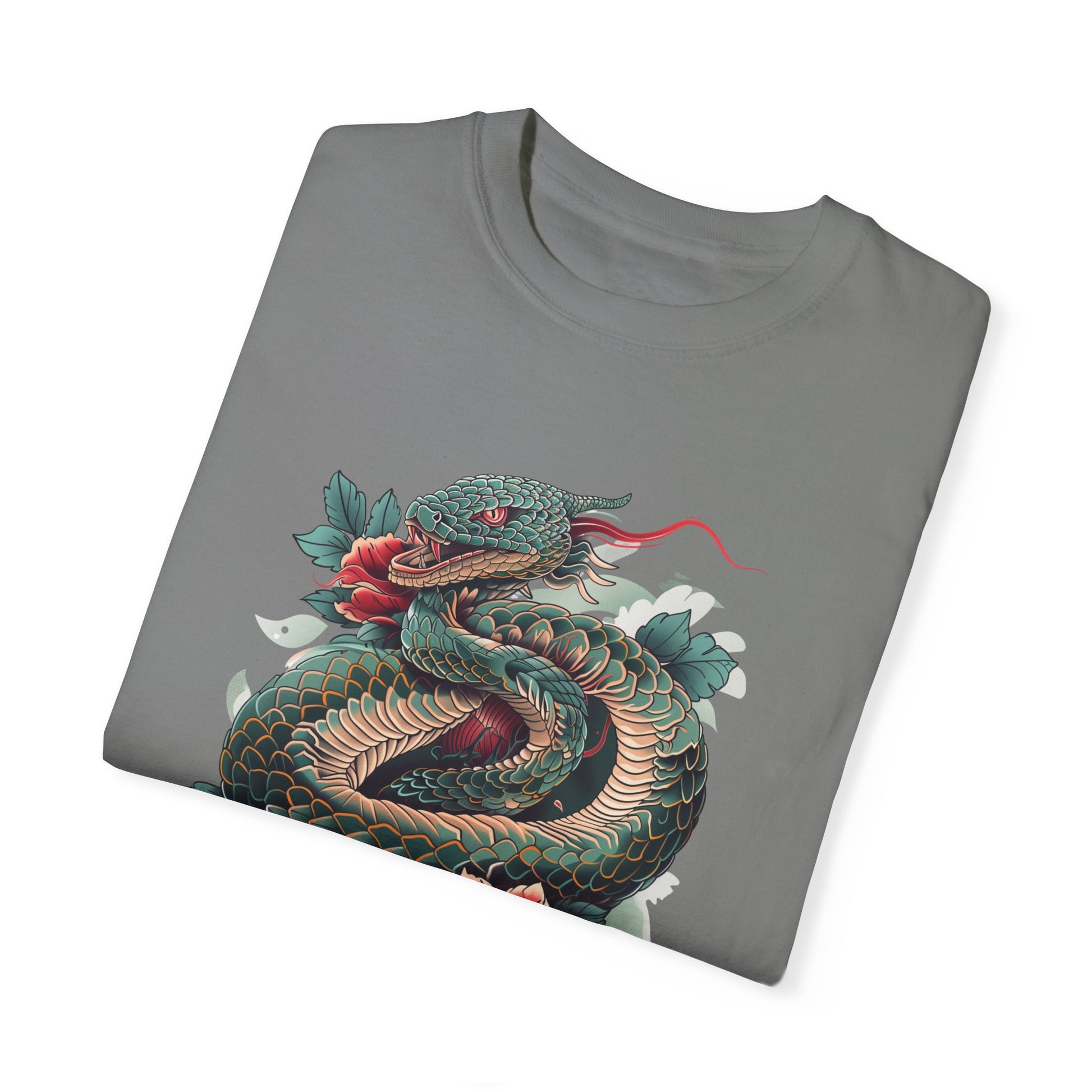 Irezumi Art King Cobra Snake Japanese Tattoo Style Graphic Unisex Garment-dyed T-shirt Cotton Funny Humorous Graphic Soft Premium Unisex Men Women Grey T-shirt Birthday Gift-41