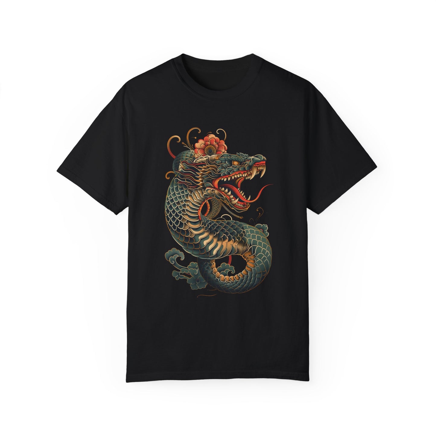 Irezumi Art King Cobra Snake Japanese Tattoo Style Graphic Unisex Garment-dyed T-shirt Cotton Funny Humorous Graphic Soft Premium Unisex Men Women Black T-shirt Birthday Gift-1