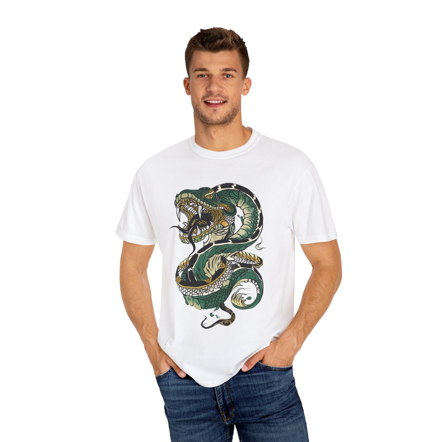 Irezumi Art King Cobra Snake Japanese Tattoo Style Graphic Unisex Garment-dyed T-shirt Cotton Funny Humorous Graphic Soft Premium Unisex Men Women White T-shirt Birthday Gift-24