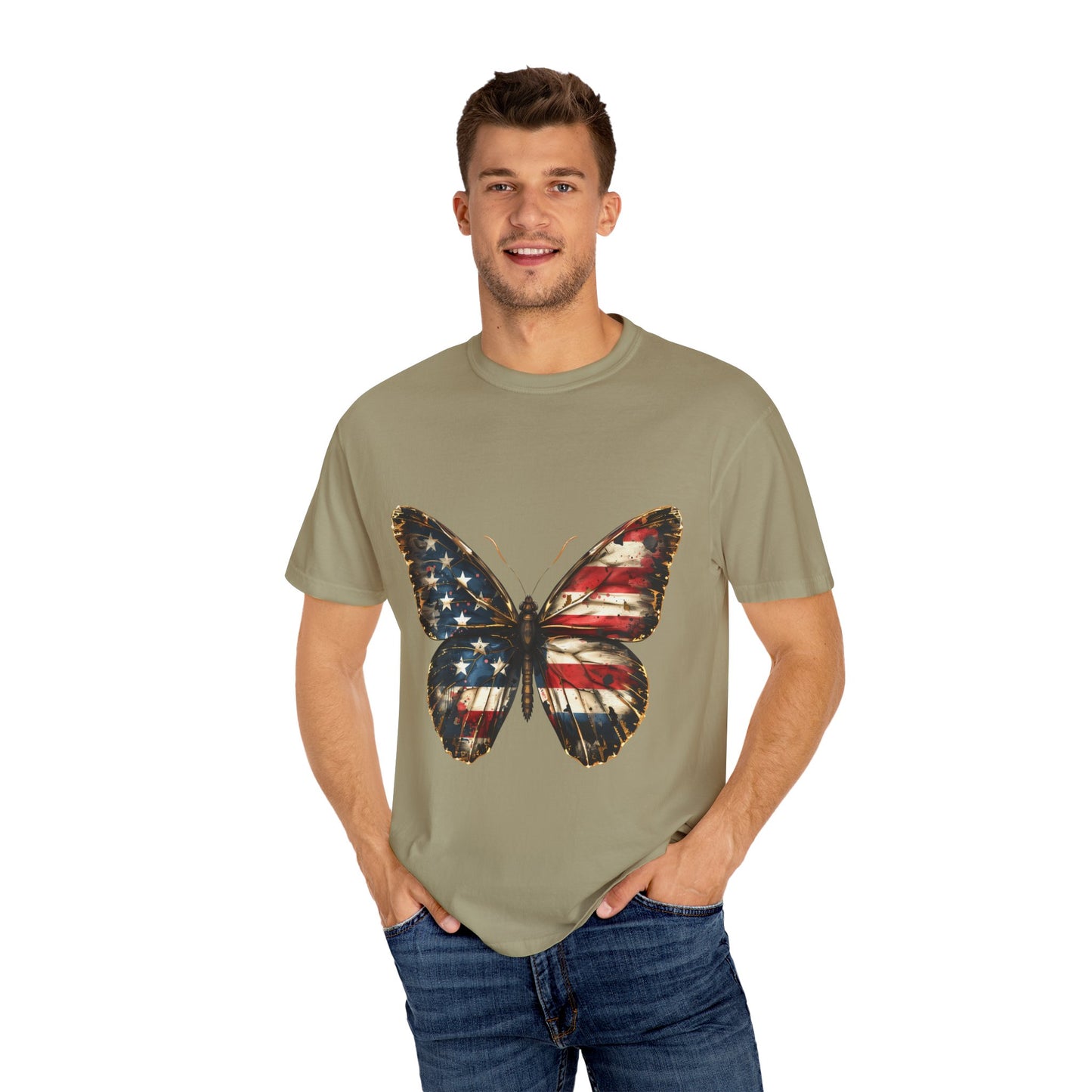 American Flag Butterfly Graphic Unisex Garment Dyed T-shirt Cotton Funny Humorous Graphic Soft Premium Unisex Men Women Khaki T-shirt Birthday Gift-48