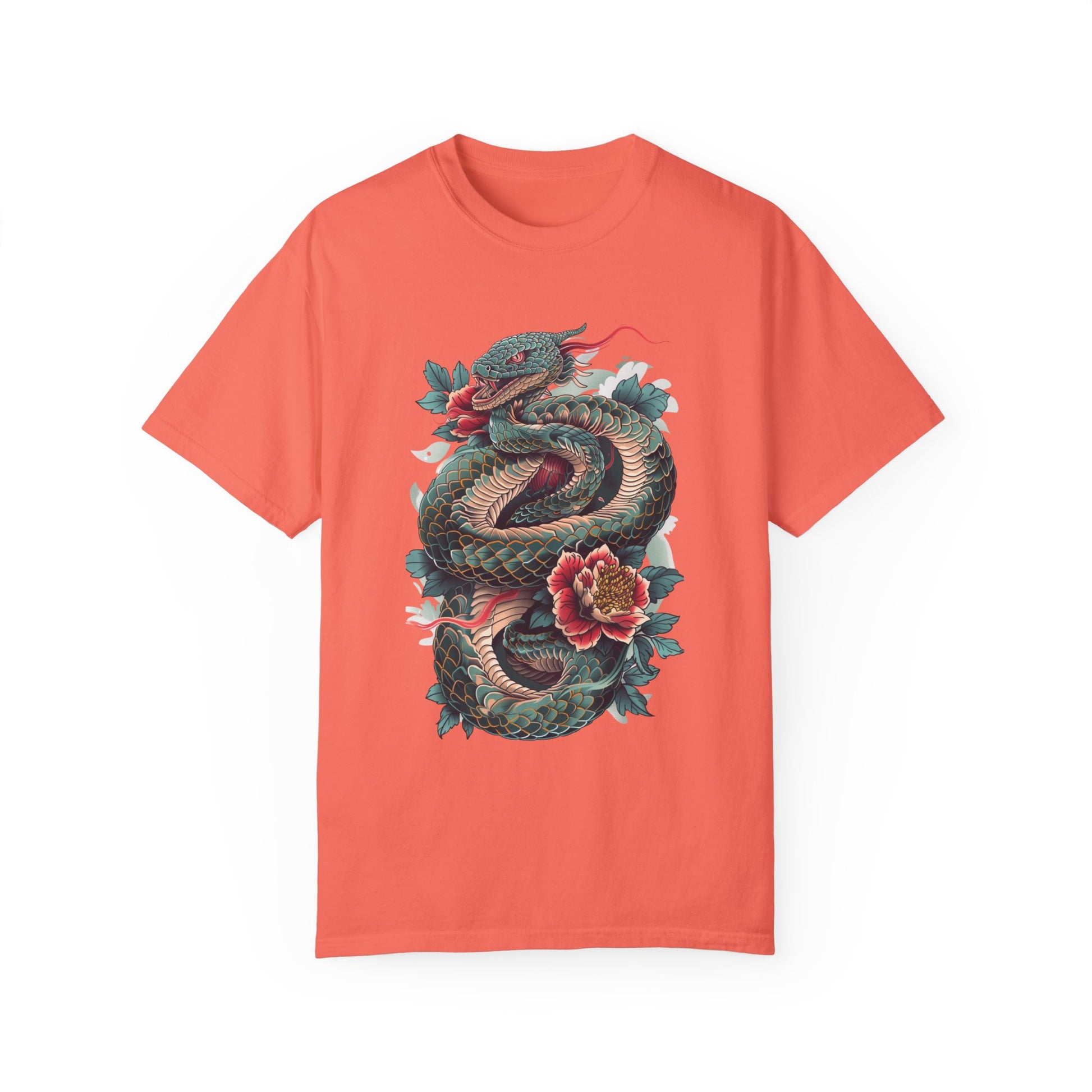 Irezumi Art King Cobra Snake Japanese Tattoo Style Graphic Unisex Garment-dyed T-shirt Cotton Funny Humorous Graphic Soft Premium Unisex Men Women Bright Salmon T-shirt Birthday Gift-6