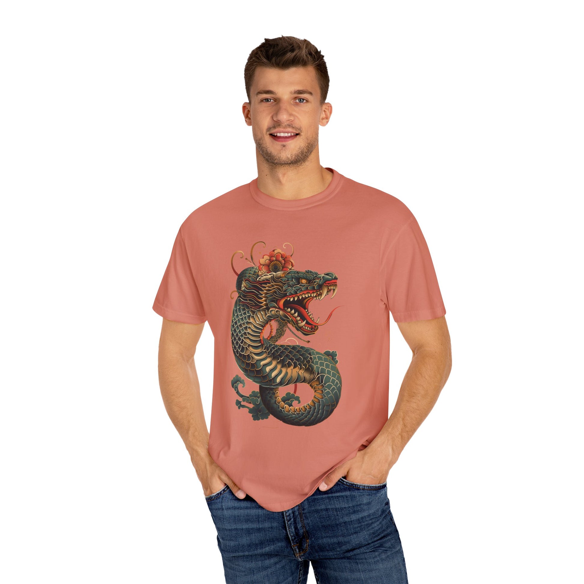 Irezumi Art King Cobra Snake Japanese Tattoo Style Graphic Unisex Garment-dyed T-shirt Cotton Funny Humorous Graphic Soft Premium Unisex Men Women Terracotta T-shirt Birthday Gift-57