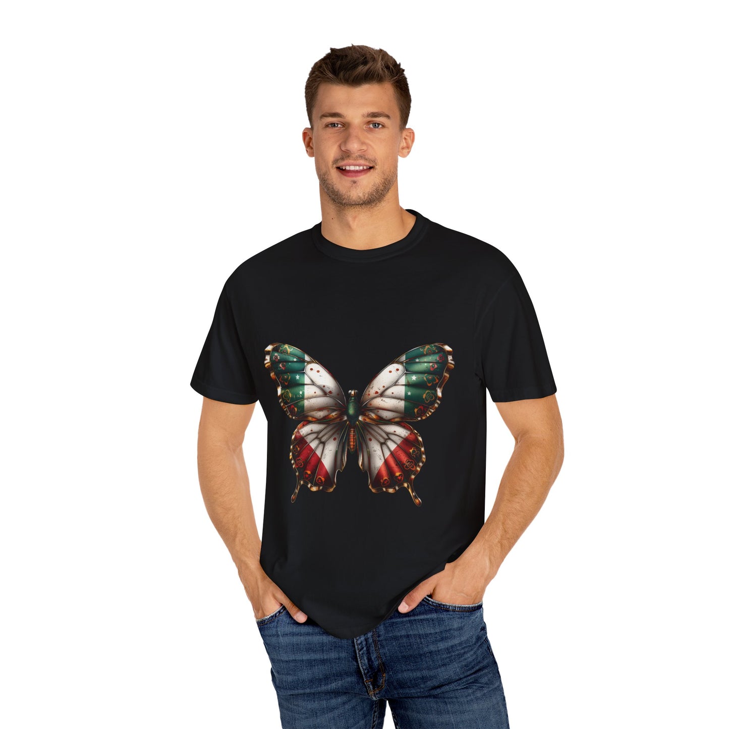 Mexican Pride Flag Butterfly Graphic Unisex Garment Dyed T-shirt Cotton Funny Humorous Graphic Soft Premium Unisex Men Women Black T-shirt Birthday Gift-18