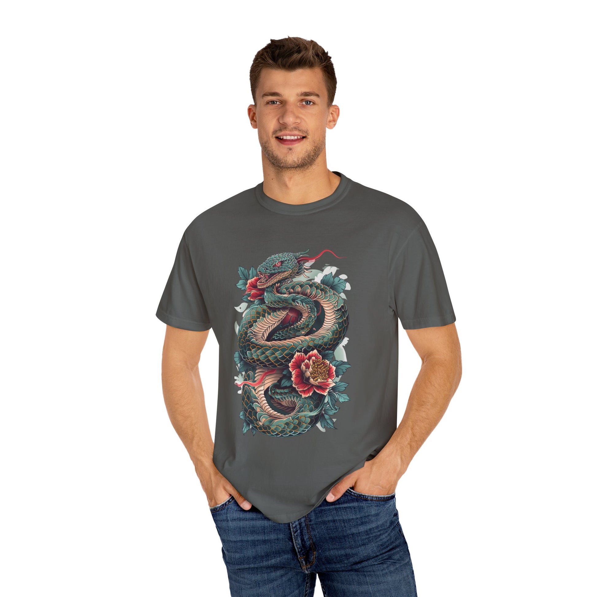 Irezumi Art King Cobra Snake Japanese Tattoo Style Graphic Unisex Garment-dyed T-shirt Cotton Funny Humorous Graphic Soft Premium Unisex Men Women Pepper T-shirt Birthday Gift-51