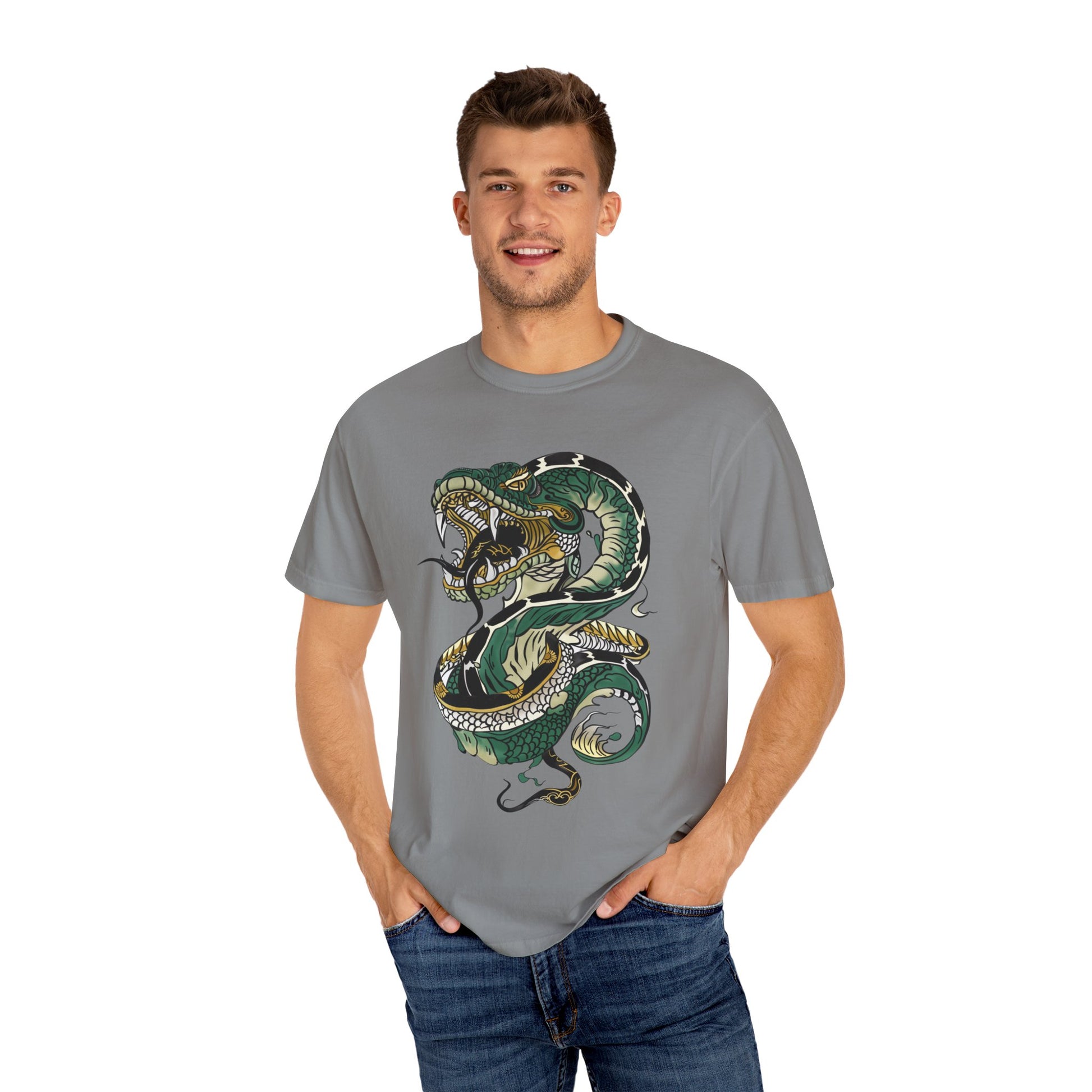 Irezumi Art King Cobra Snake Japanese Tattoo Style Graphic Unisex Garment-dyed T-shirt Cotton Funny Humorous Graphic Soft Premium Unisex Men Women Granite T-shirt Birthday Gift-27