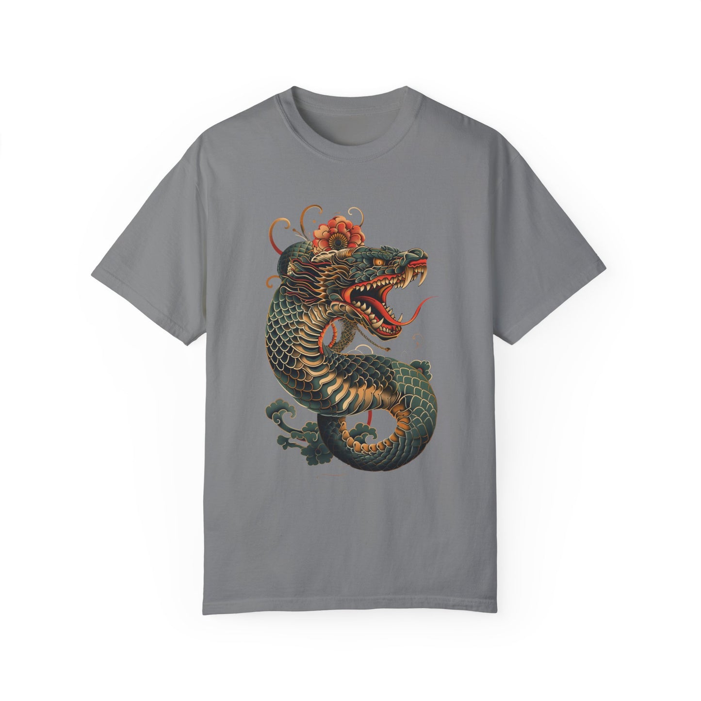 Irezumi Art King Cobra Snake Japanese Tattoo Style Graphic Unisex Garment-dyed T-shirt Cotton Funny Humorous Graphic Soft Premium Unisex Men Women Grey T-shirt Birthday Gift-9