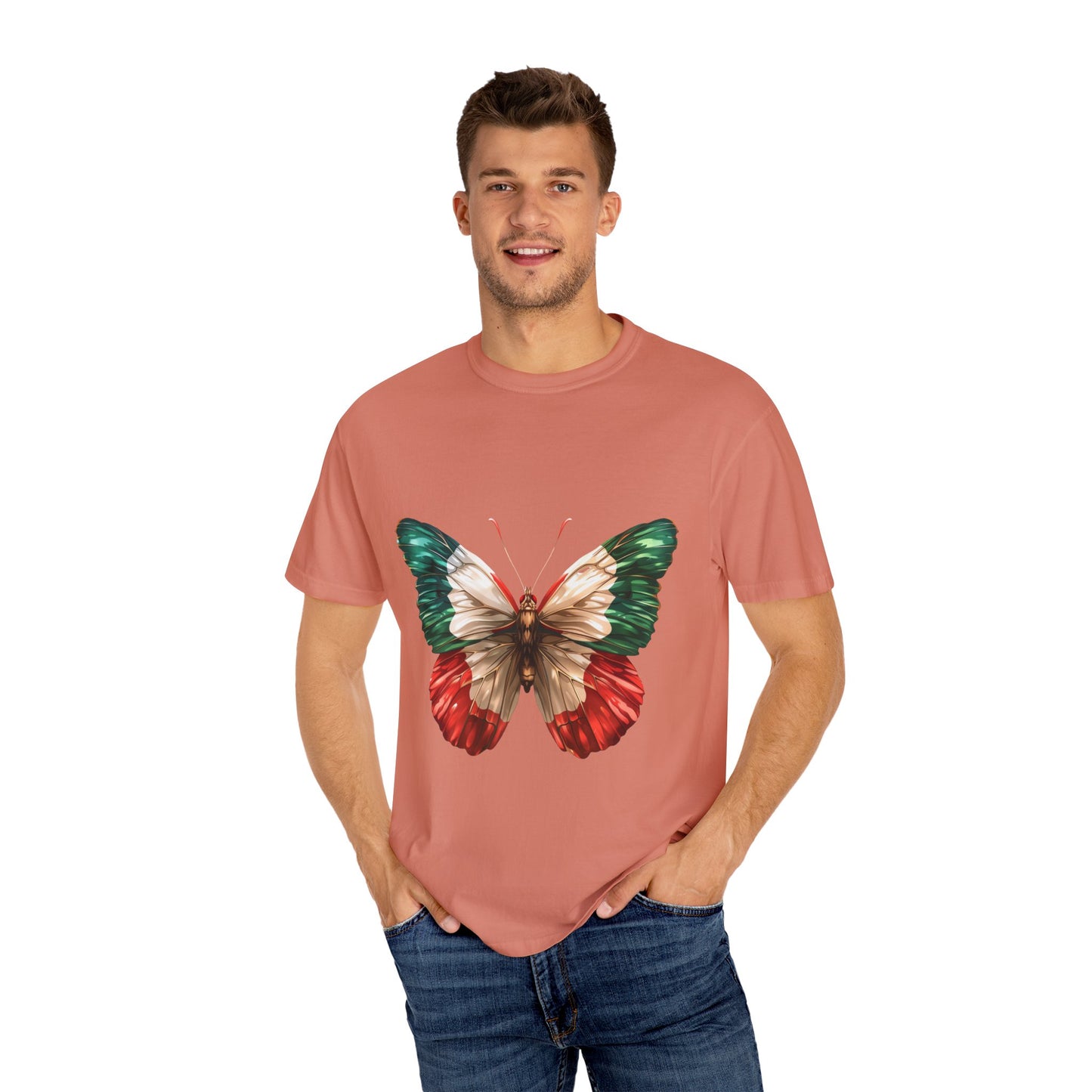 Mexico Flag Butterfly Graphic Unisex Garment Dyed T-shirt Cotton Funny Humorous Graphic Soft Premium Unisex Men Women Terracotta T-shirt Birthday Gift-57