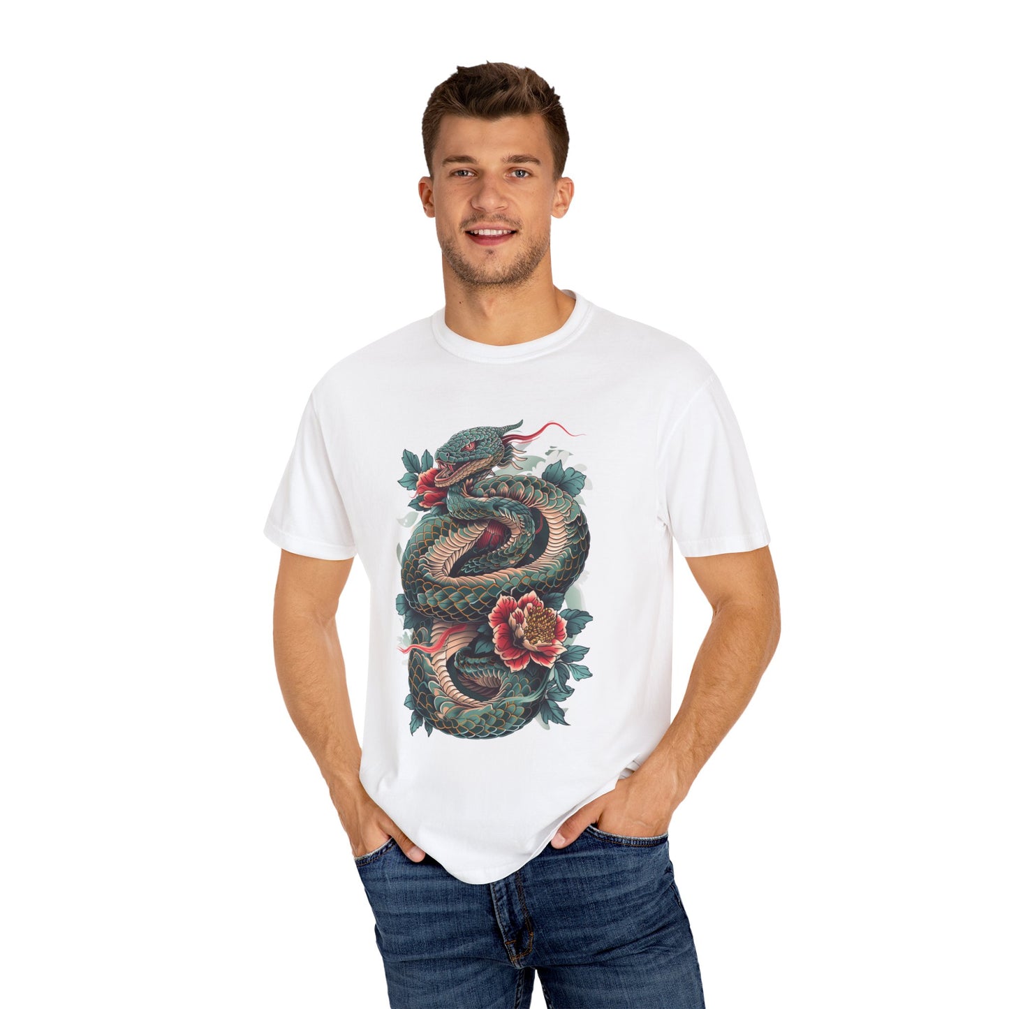 Irezumi Art King Cobra Snake Japanese Tattoo Style Graphic Unisex Garment-dyed T-shirt Cotton Funny Humorous Graphic Soft Premium Unisex Men Women White T-shirt Birthday Gift-24