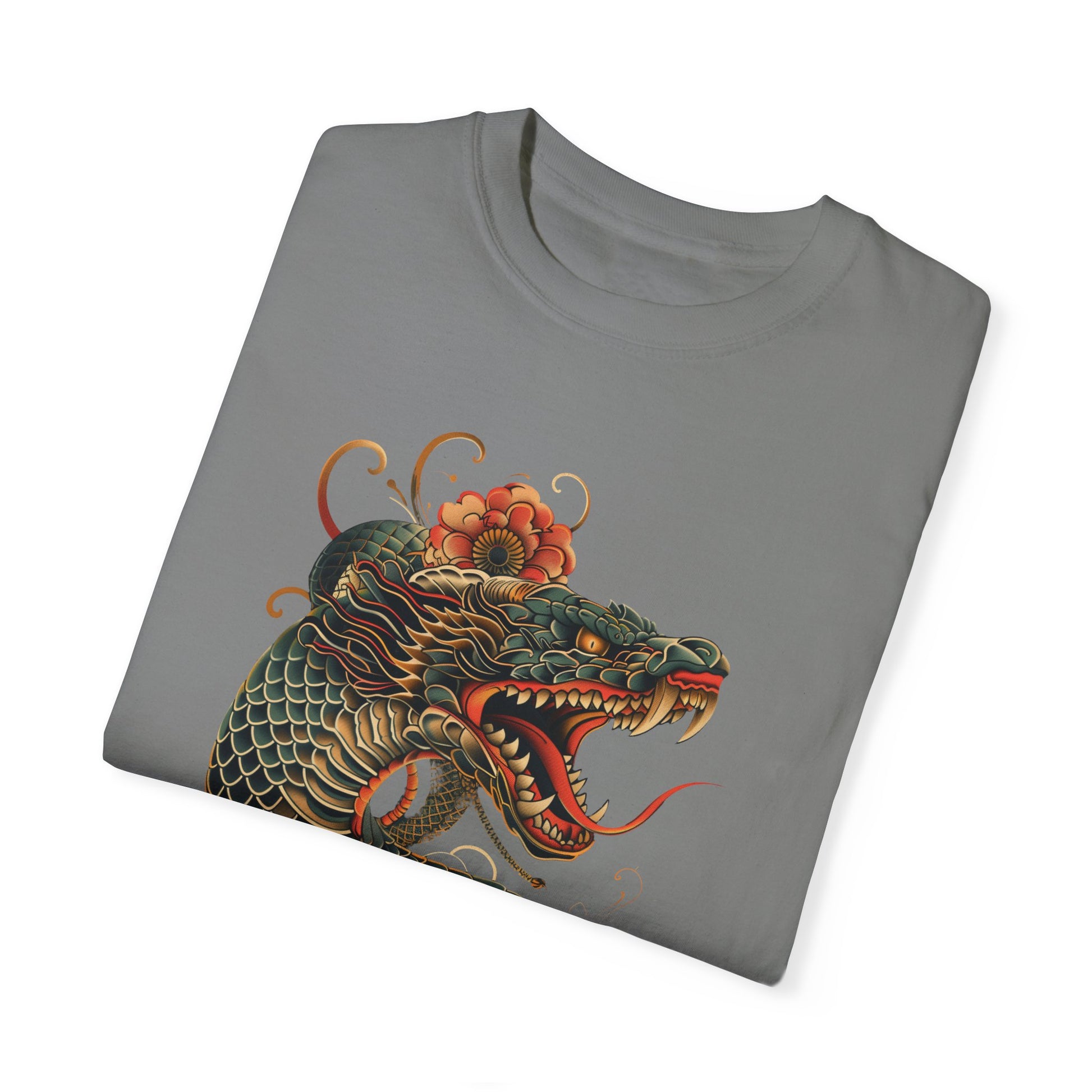 Irezumi Art King Cobra Snake Japanese Tattoo Style Graphic Unisex Garment-dyed T-shirt Cotton Funny Humorous Graphic Soft Premium Unisex Men Women Grey T-shirt Birthday Gift-41