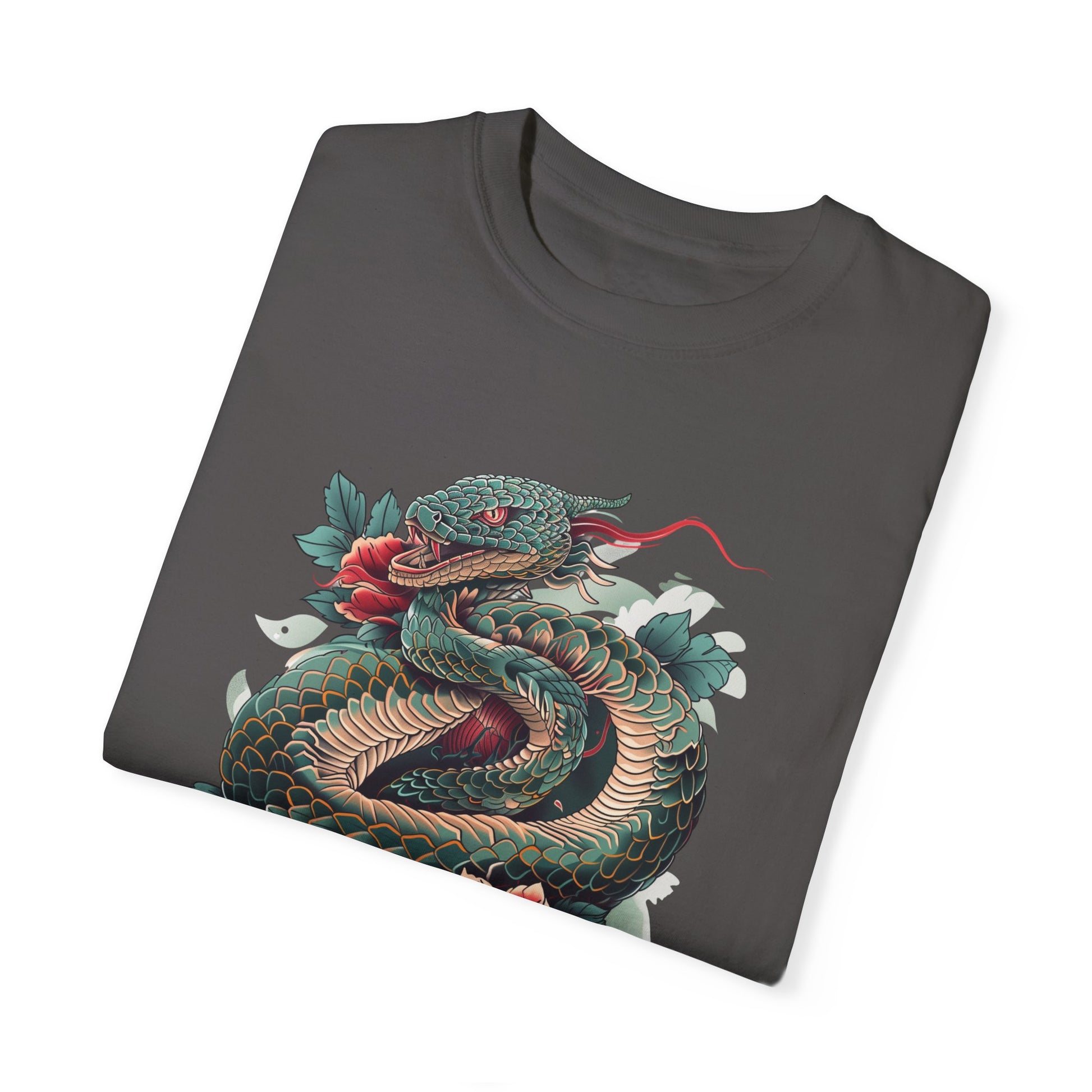 Irezumi Art King Cobra Snake Japanese Tattoo Style Graphic Unisex Garment-dyed T-shirt Cotton Funny Humorous Graphic Soft Premium Unisex Men Women Graphite T-shirt Birthday Gift-38