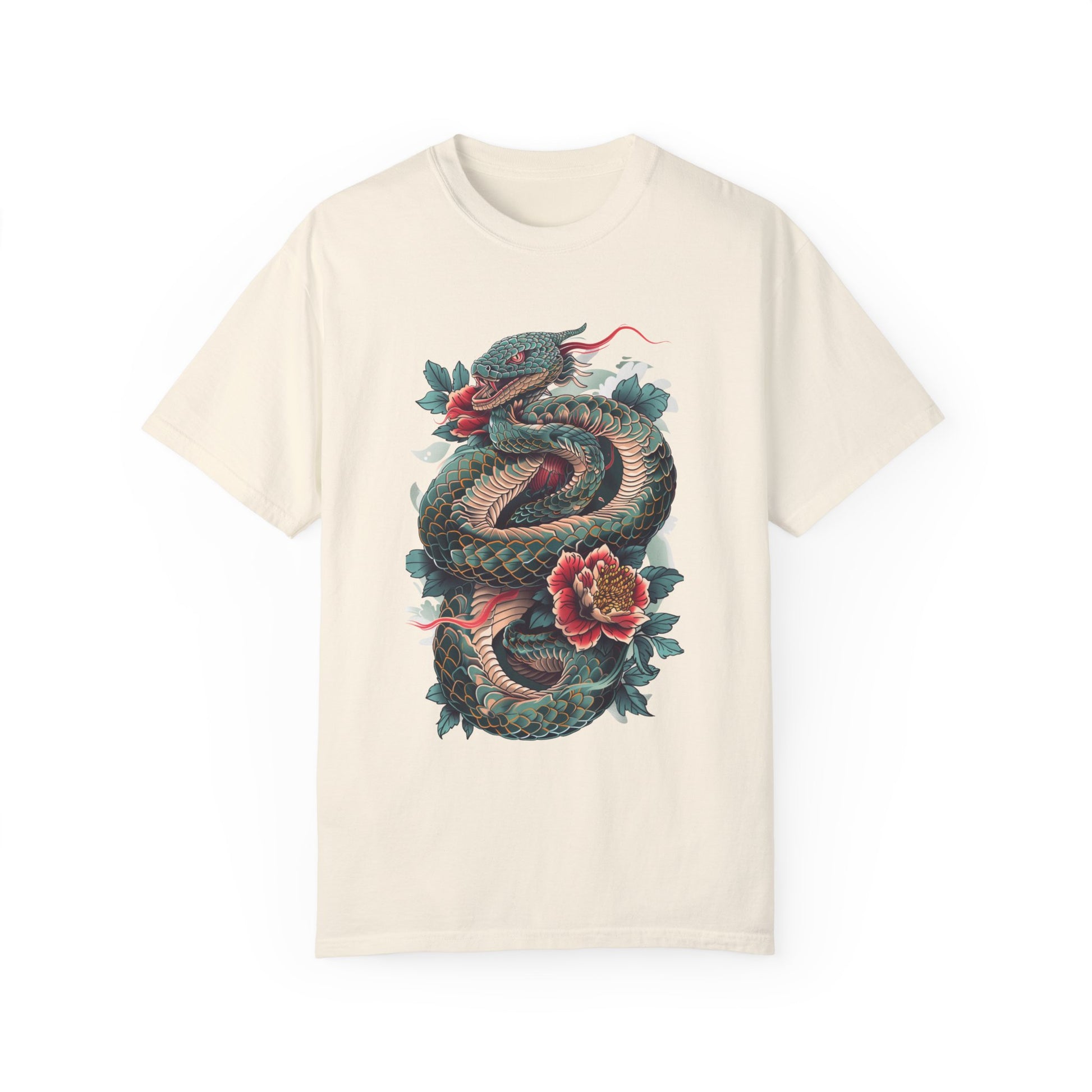 Irezumi Art King Cobra Snake Japanese Tattoo Style Graphic Unisex Garment-dyed T-shirt Cotton Funny Humorous Graphic Soft Premium Unisex Men Women Ivory T-shirt Birthday Gift-10