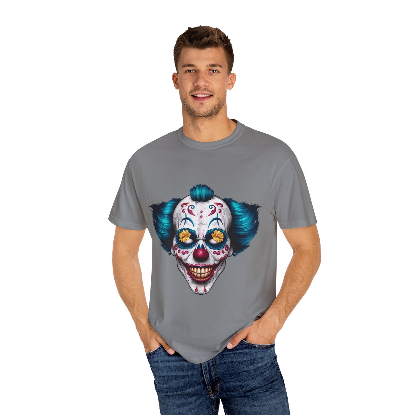 Funny Horror Scary Clown Face Urban Sarcastic Graphic Unisex Garment Dyed T-shirt Cotton Funny Humorous Graphic Soft Premium Unisex Men Women Grey T-shirt Birthday Gift-42