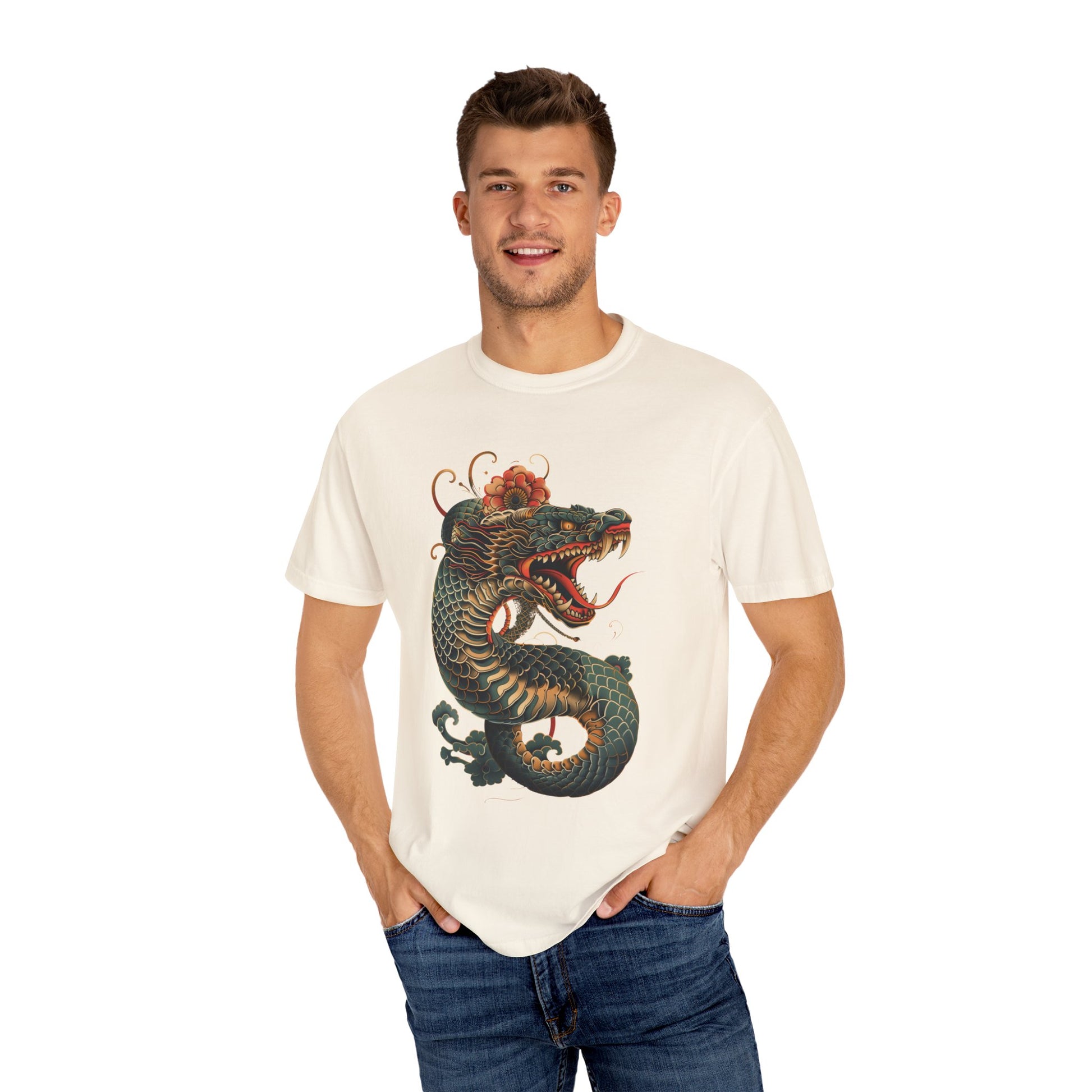 Irezumi Art King Cobra Snake Japanese Tattoo Style Graphic Unisex Garment-dyed T-shirt Cotton Funny Humorous Graphic Soft Premium Unisex Men Women Ivory T-shirt Birthday Gift-45