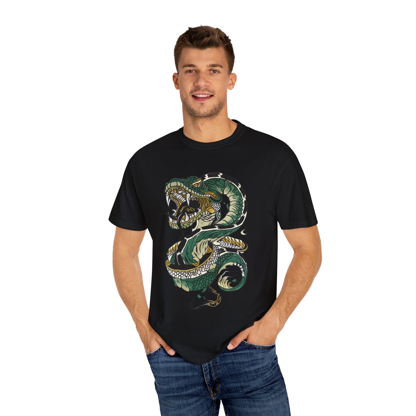 Irezumi Art King Cobra Snake Japanese Tattoo Style Graphic Unisex Garment-dyed T-shirt Cotton Funny Humorous Graphic Soft Premium Unisex Men Women Black T-shirt Birthday Gift-18