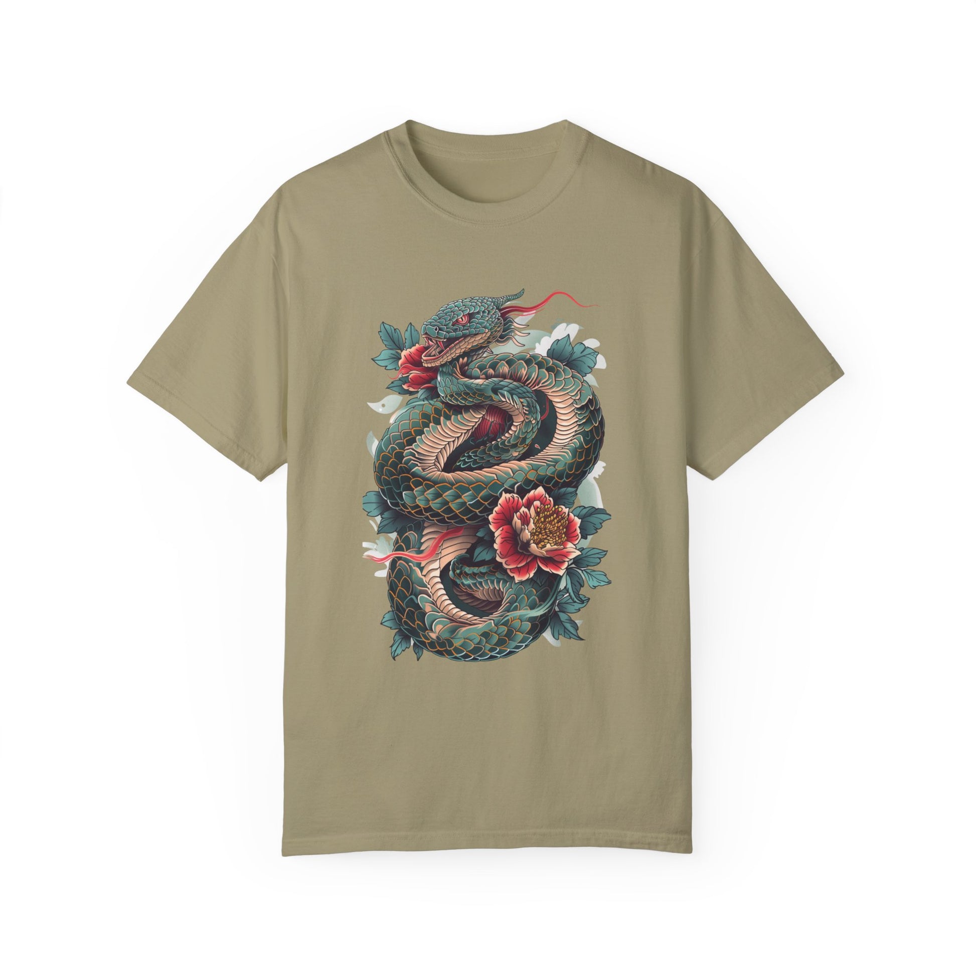 Irezumi Art King Cobra Snake Japanese Tattoo Style Graphic Unisex Garment-dyed T-shirt Cotton Funny Humorous Graphic Soft Premium Unisex Men Women Khaki T-shirt Birthday Gift-11