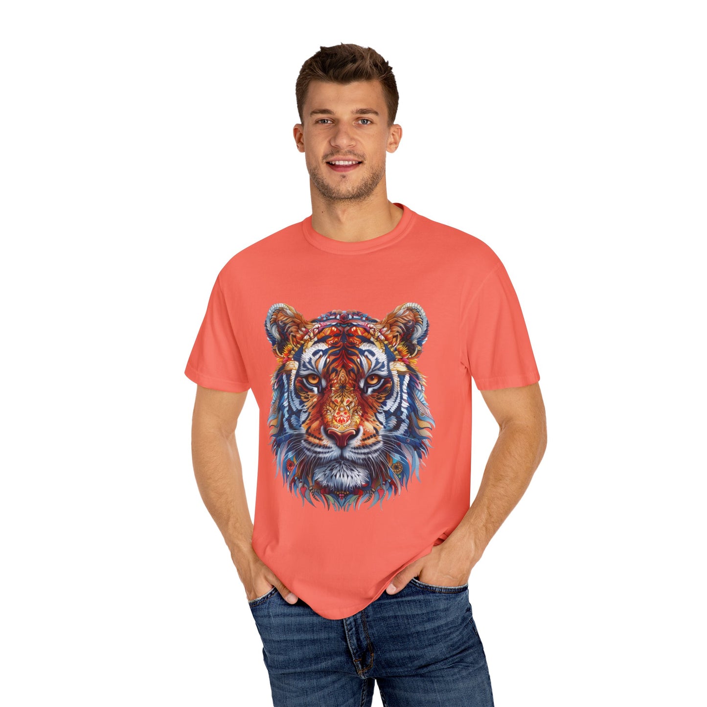 Lion Head Cool Graphic Design Novelty Unisex Garment-dyed T-shirt Cotton Funny Humorous Graphic Soft Premium Unisex Men Women Bright Salmon T-shirt Birthday Gift-33