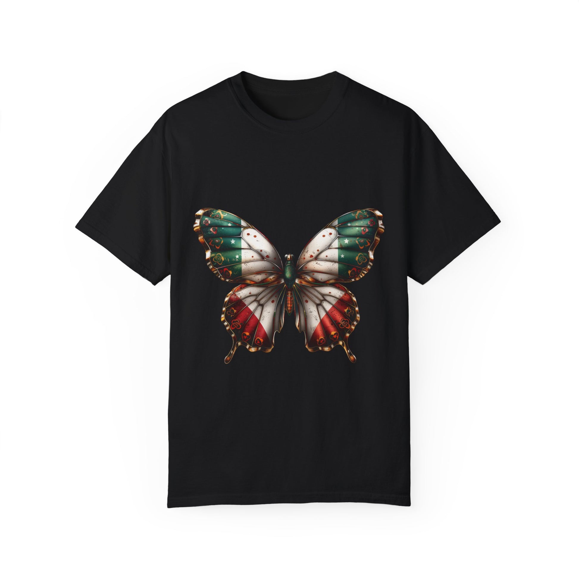 Mexican Pride Flag Butterfly Graphic Unisex Garment Dyed T-shirt Cotton Funny Humorous Graphic Soft Premium Unisex Men Women Black T-shirt Birthday Gift-1