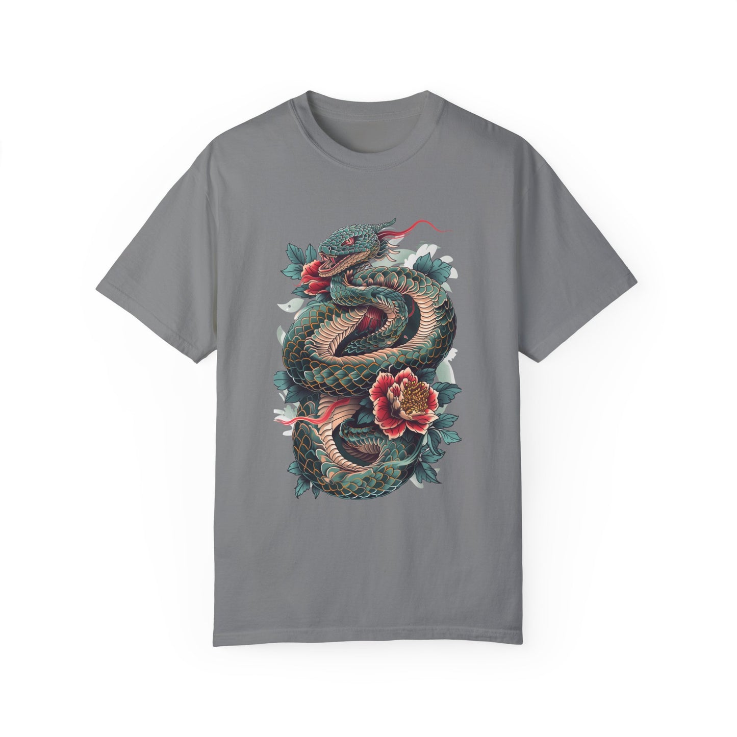 Irezumi Art King Cobra Snake Japanese Tattoo Style Graphic Unisex Garment-dyed T-shirt Cotton Funny Humorous Graphic Soft Premium Unisex Men Women Grey T-shirt Birthday Gift-9