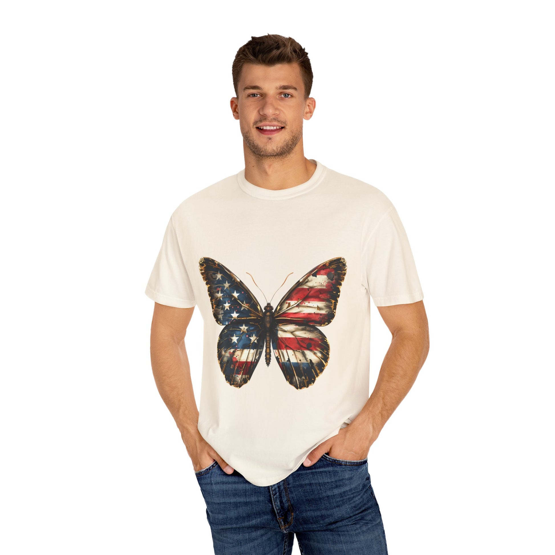 American Flag Butterfly Graphic Unisex Garment Dyed T-shirt Cotton Funny Humorous Graphic Soft Premium Unisex Men Women Ivory T-shirt Birthday Gift-45
