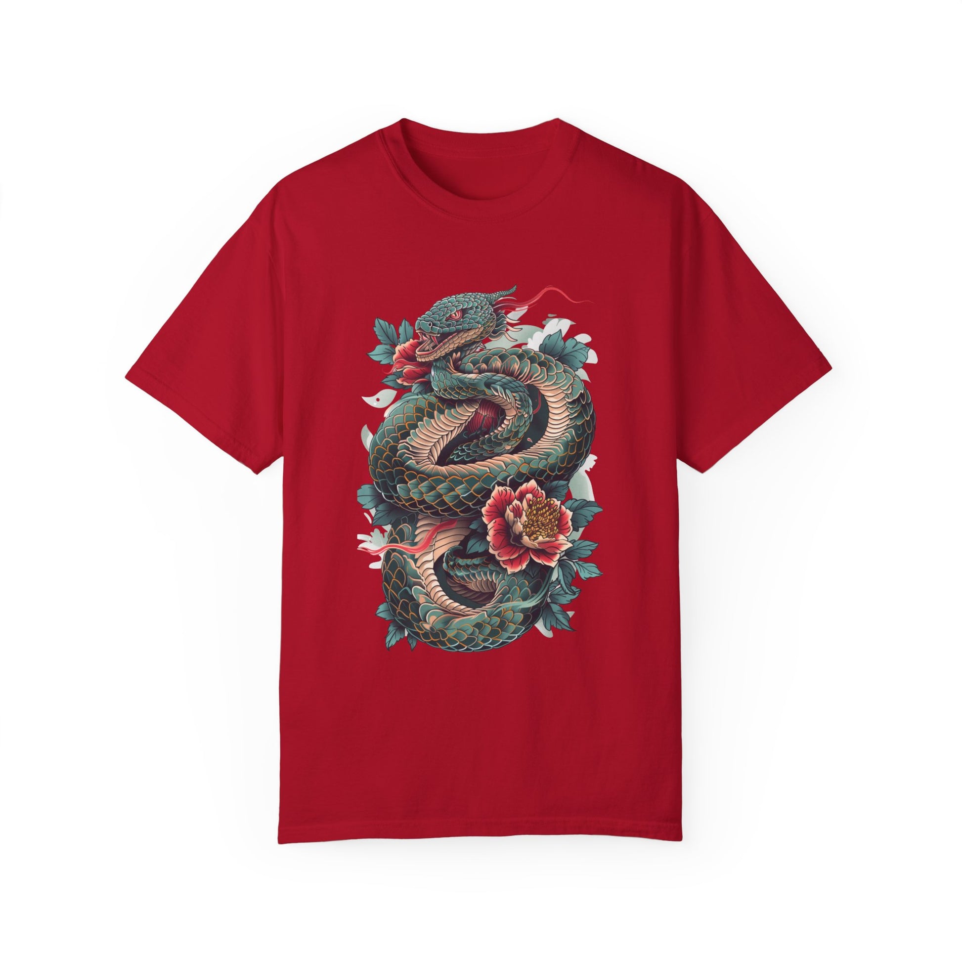 Irezumi Art King Cobra Snake Japanese Tattoo Style Graphic Unisex Garment-dyed T-shirt Cotton Funny Humorous Graphic Soft Premium Unisex Men Women Red T-shirt Birthday Gift-2