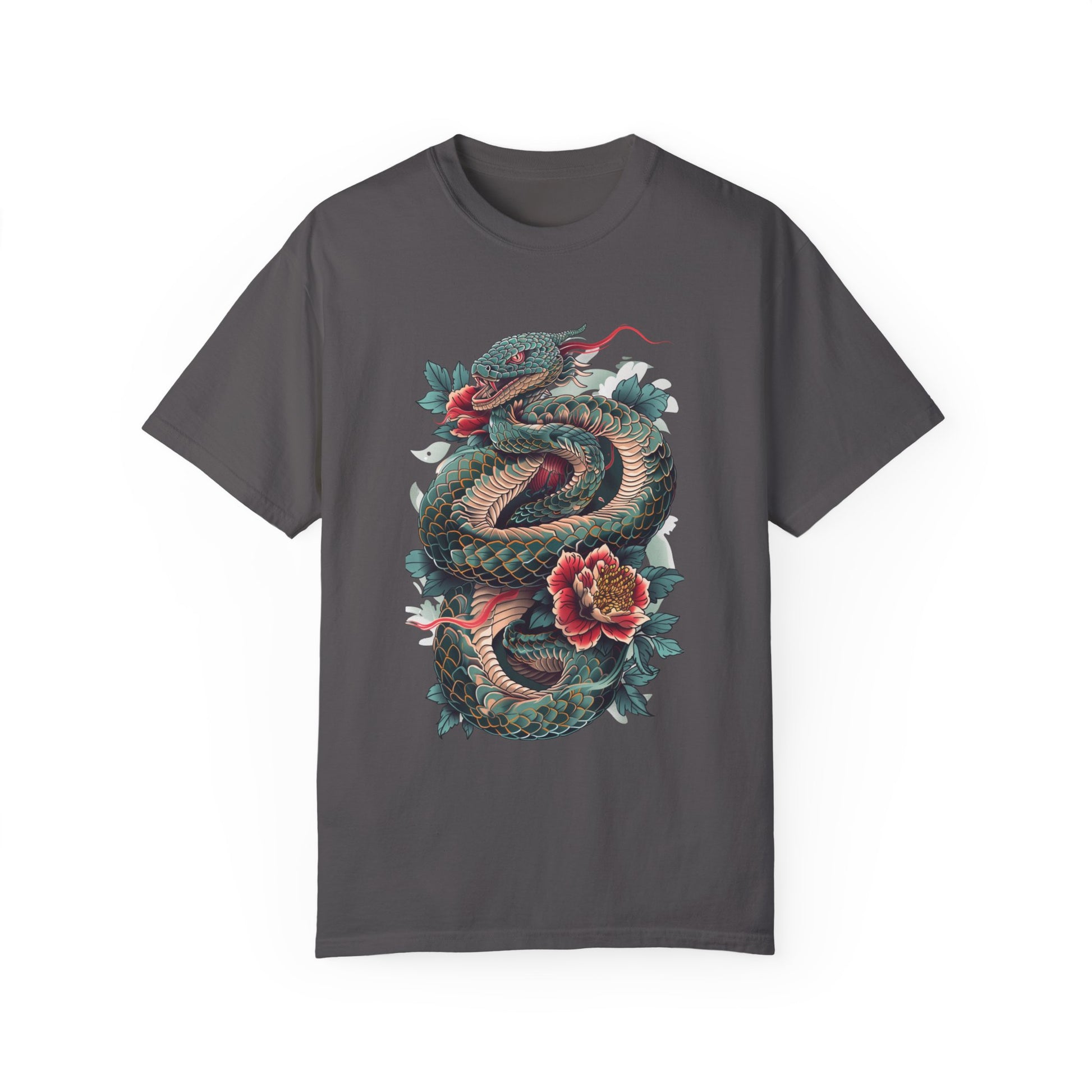 Irezumi Art King Cobra Snake Japanese Tattoo Style Graphic Unisex Garment-dyed T-shirt Cotton Funny Humorous Graphic Soft Premium Unisex Men Women Graphite T-shirt Birthday Gift-8