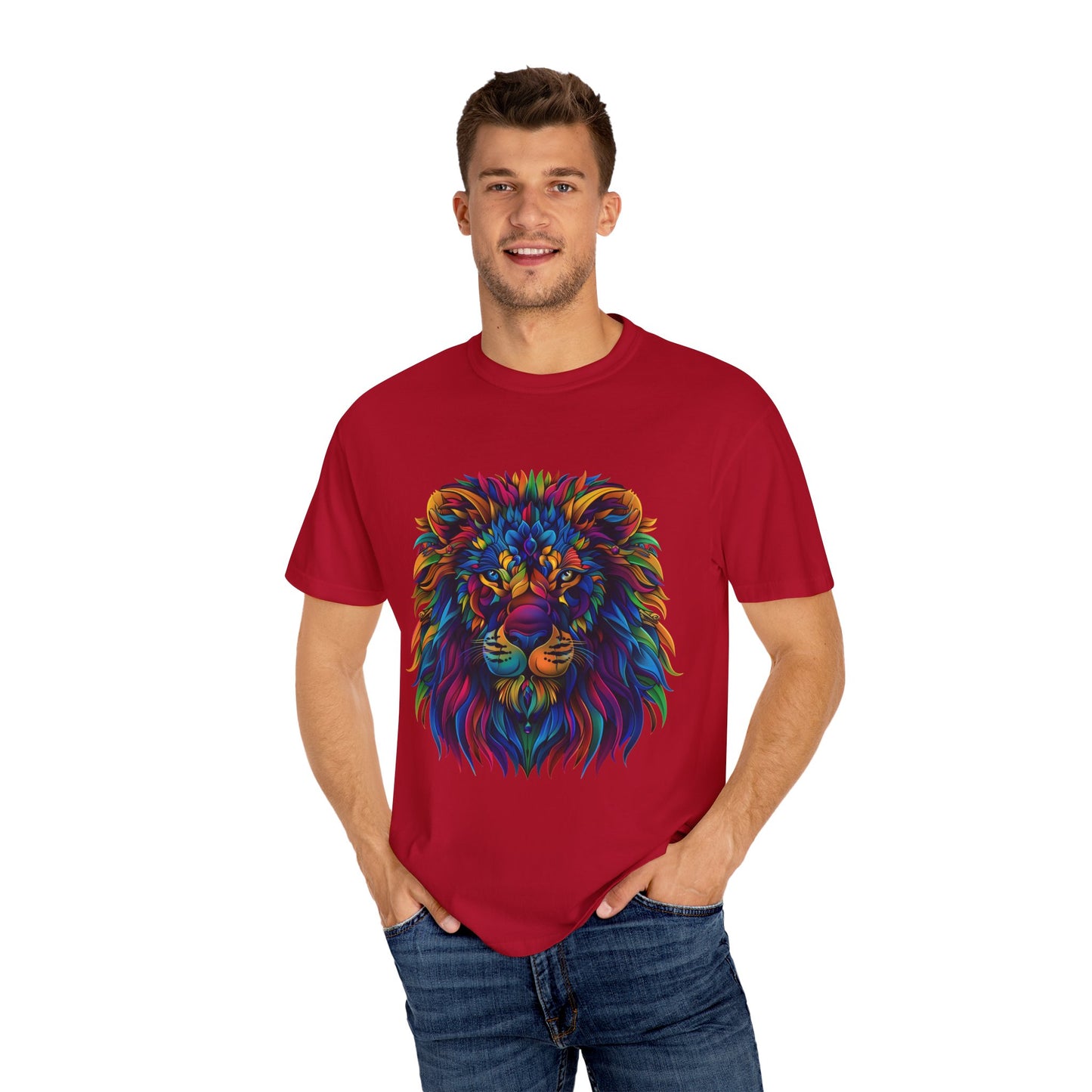 Lion Head Cool Graphic Design Novelty Unisex Garment-dyed T-shirt Cotton Funny Humorous Graphic Soft Premium Unisex Men Women Red T-shirt Birthday Gift-21