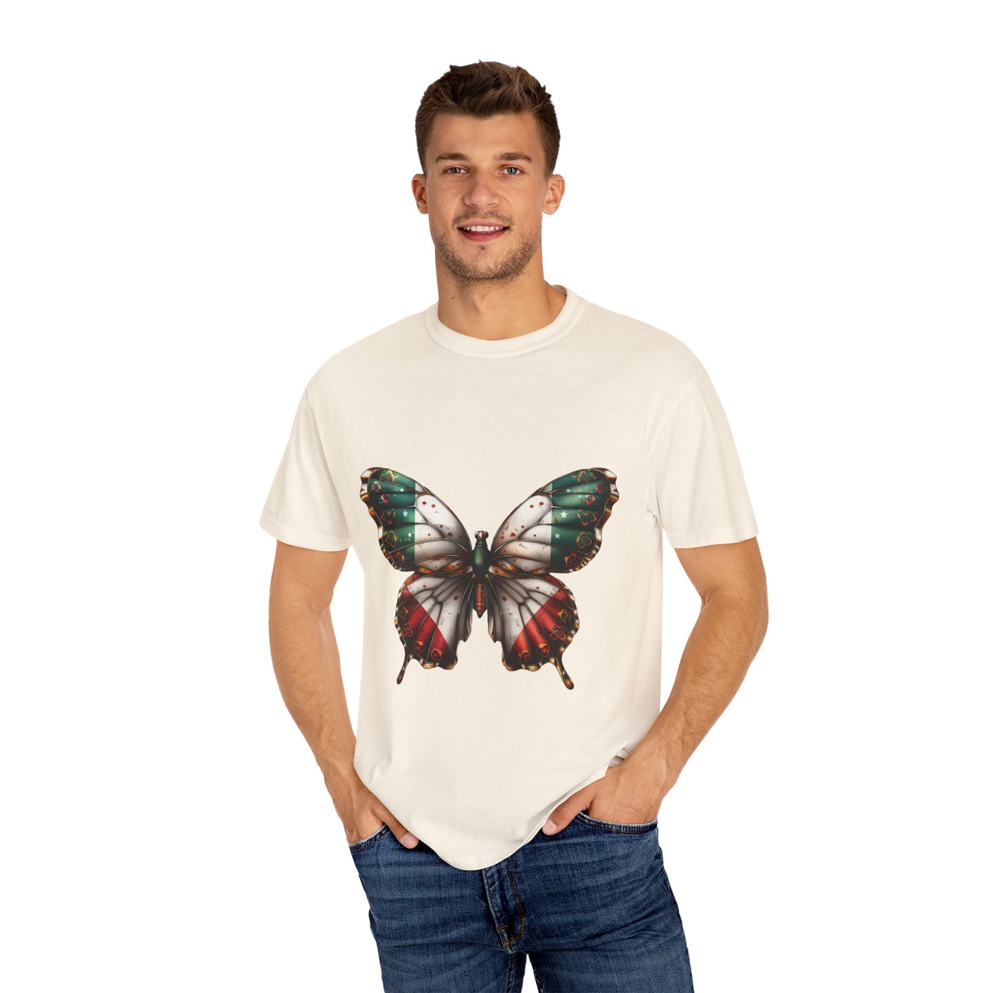 Mexican Pride Flag Butterfly Graphic Unisex Garment Dyed T-shirt Cotton Funny Humorous Graphic Soft Premium Unisex Men Women Ivory T-shirt Birthday Gift-45