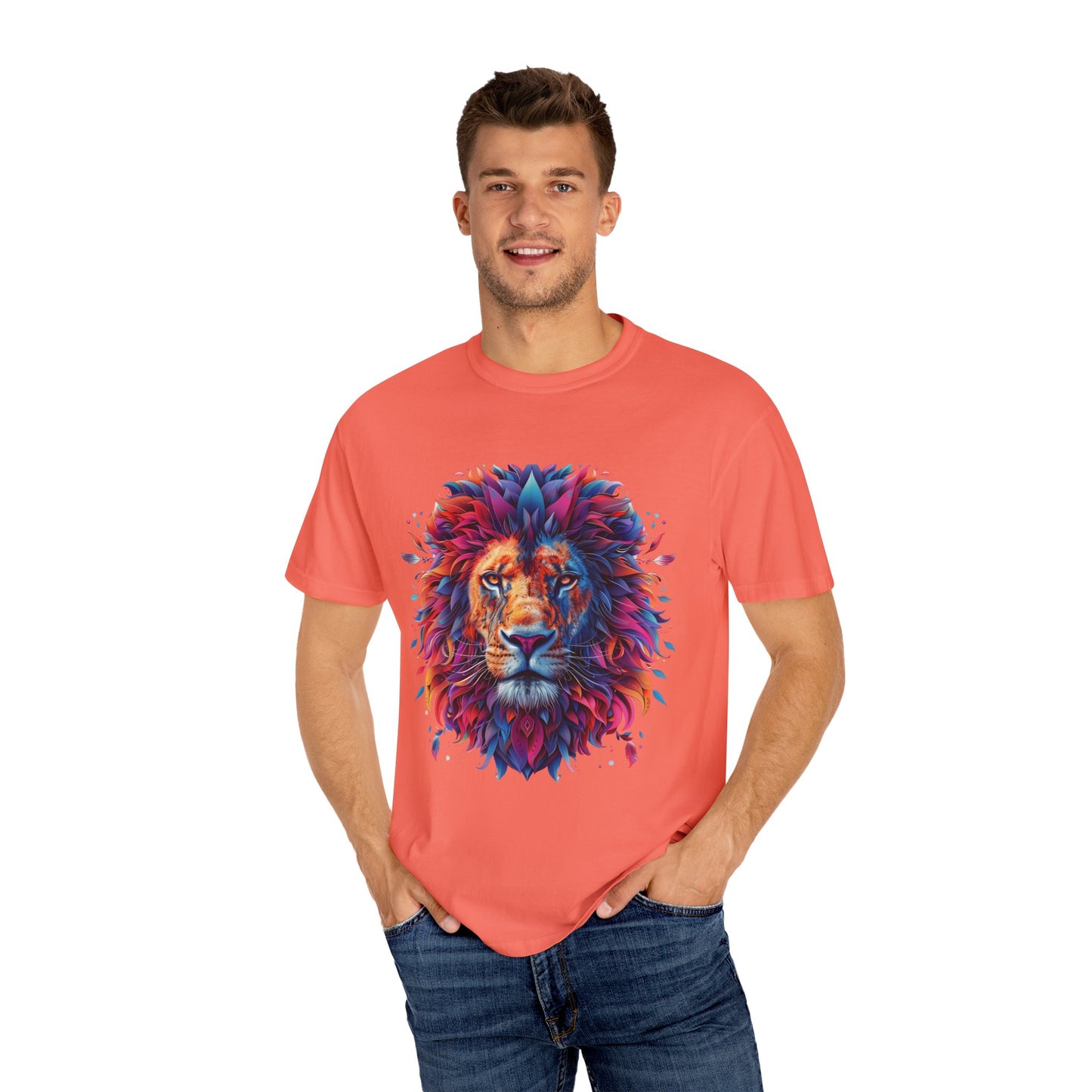 Lion Head Cool Graphic Design Novelty Unisex Garment-dyed T-shirt Cotton Funny Humorous Graphic Soft Premium Unisex Men Women Bright Salmon T-shirt Birthday Gift-33