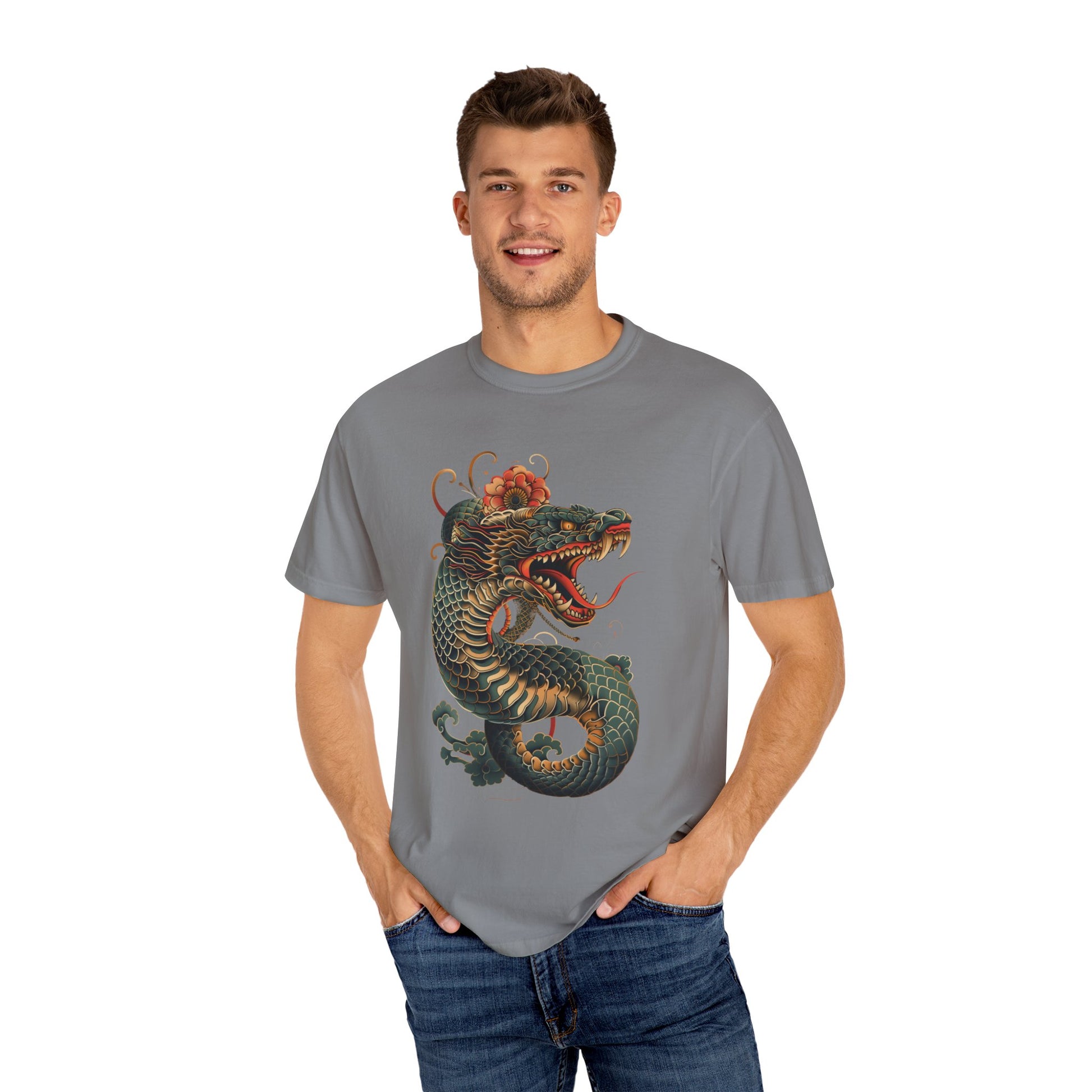 Irezumi Art King Cobra Snake Japanese Tattoo Style Graphic Unisex Garment-dyed T-shirt Cotton Funny Humorous Graphic Soft Premium Unisex Men Women Grey T-shirt Birthday Gift-42