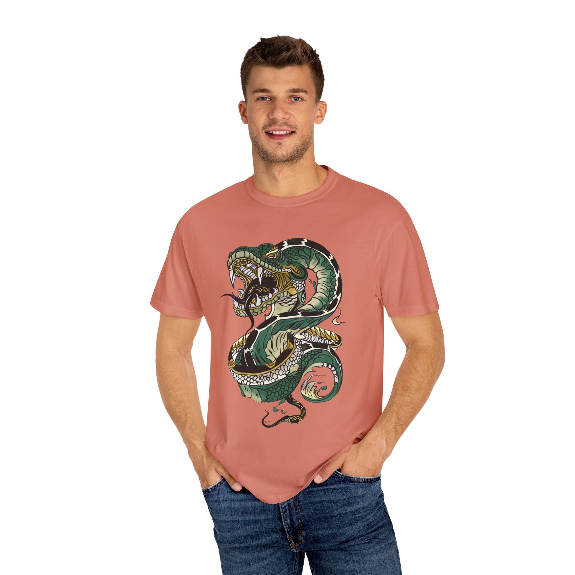 Irezumi Art King Cobra Snake Japanese Tattoo Style Graphic Unisex Garment-dyed T-shirt Cotton Funny Humorous Graphic Soft Premium Unisex Men Women Terracotta T-shirt Birthday Gift-57