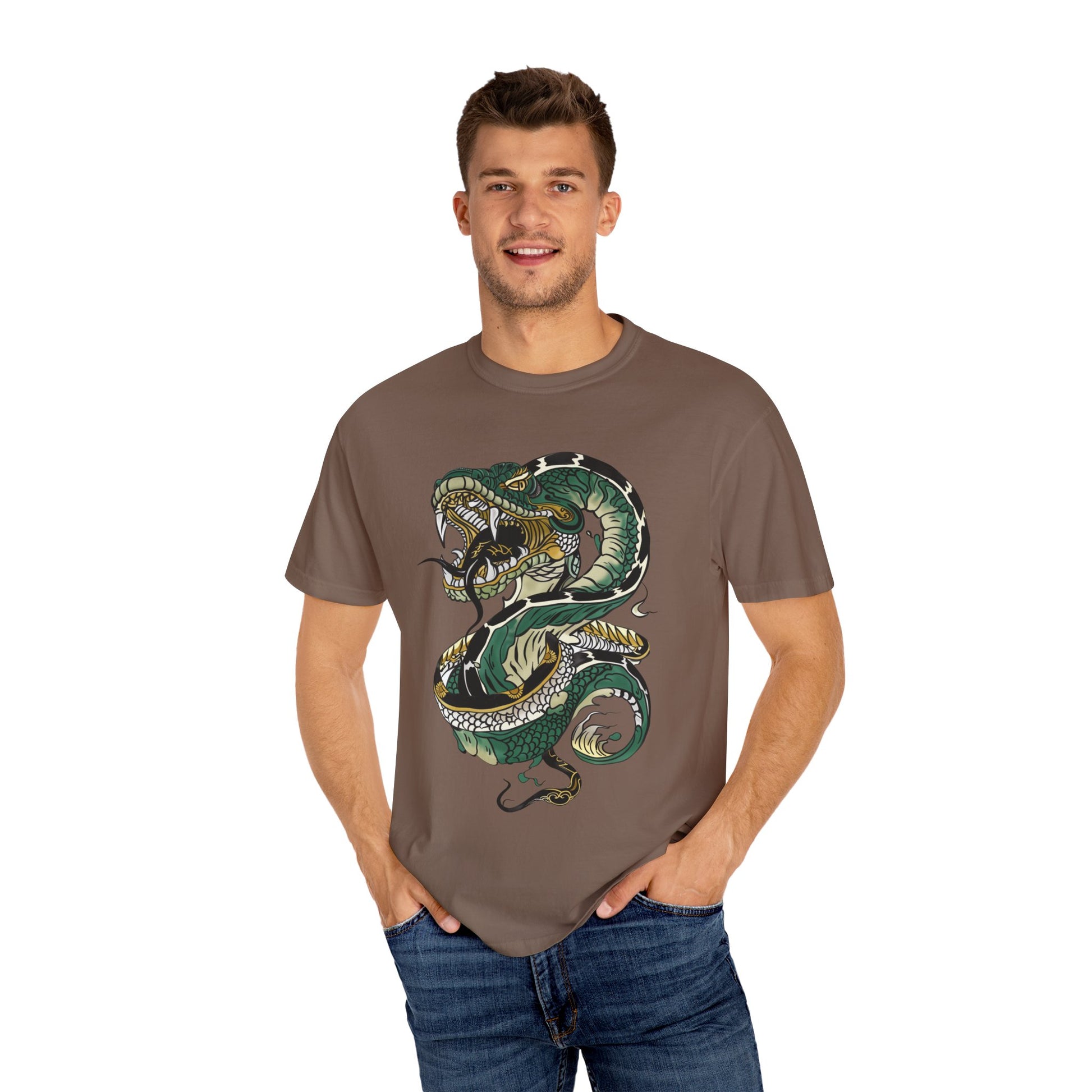 Irezumi Art King Cobra Snake Japanese Tattoo Style Graphic Unisex Garment-dyed T-shirt Cotton Funny Humorous Graphic Soft Premium Unisex Men Women Espresso T-shirt Birthday Gift-60