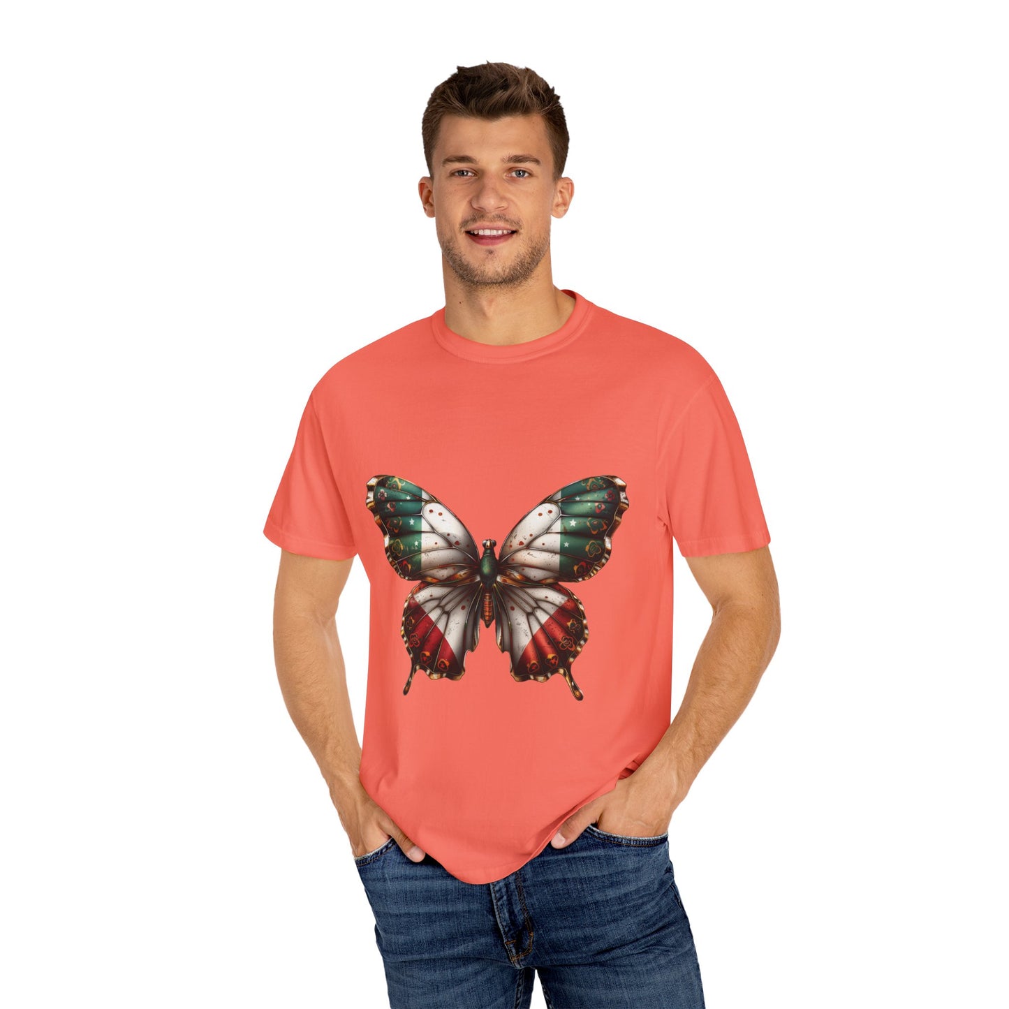 Mexican Pride Flag Butterfly Graphic Unisex Garment Dyed T-shirt Cotton Funny Humorous Graphic Soft Premium Unisex Men Women Bright Salmon T-shirt Birthday Gift-33