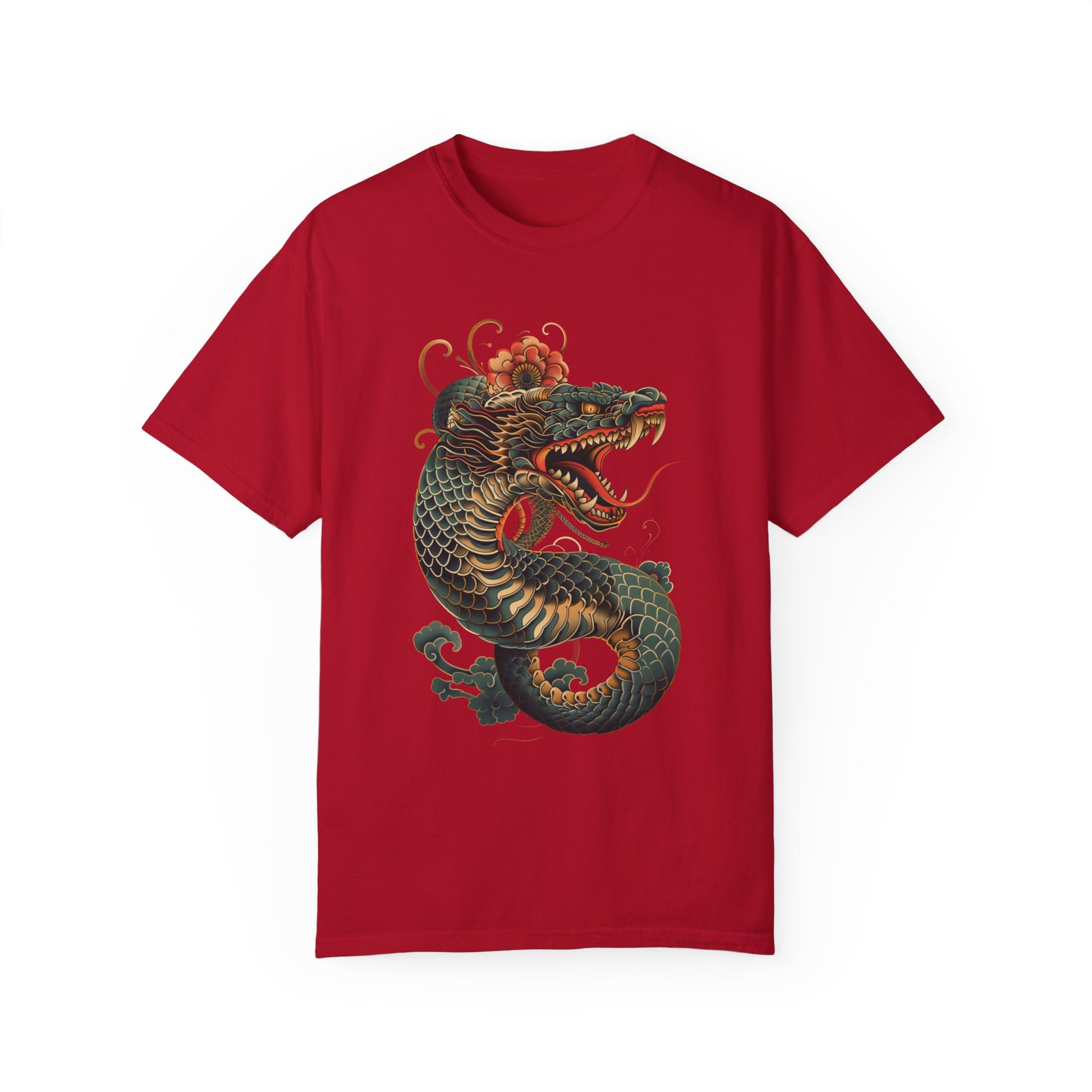 Irezumi Art King Cobra Snake Japanese Tattoo Style Graphic Unisex Garment-dyed T-shirt Cotton Funny Humorous Graphic Soft Premium Unisex Men Women Red T-shirt Birthday Gift-2