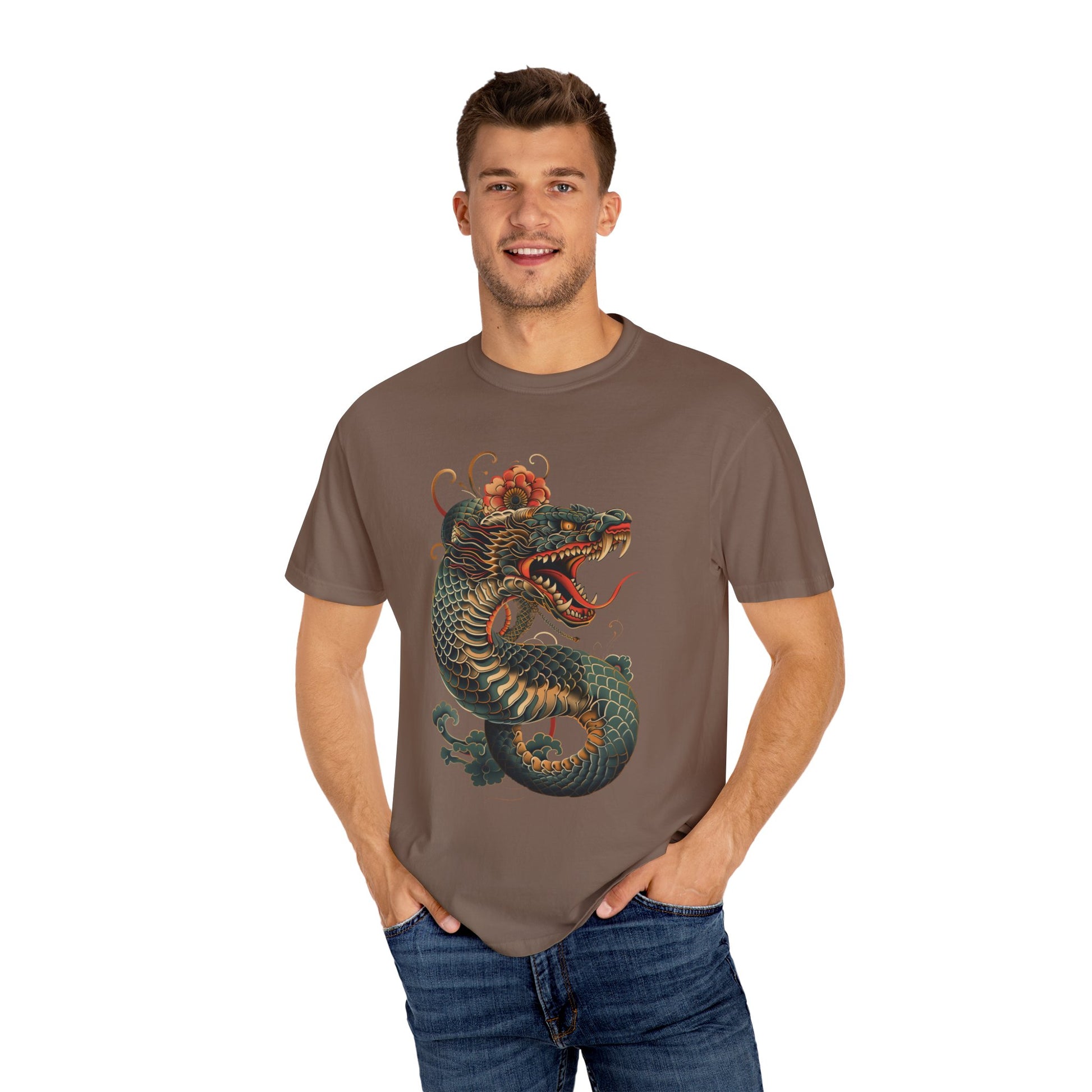 Irezumi Art King Cobra Snake Japanese Tattoo Style Graphic Unisex Garment-dyed T-shirt Cotton Funny Humorous Graphic Soft Premium Unisex Men Women Espresso T-shirt Birthday Gift-60