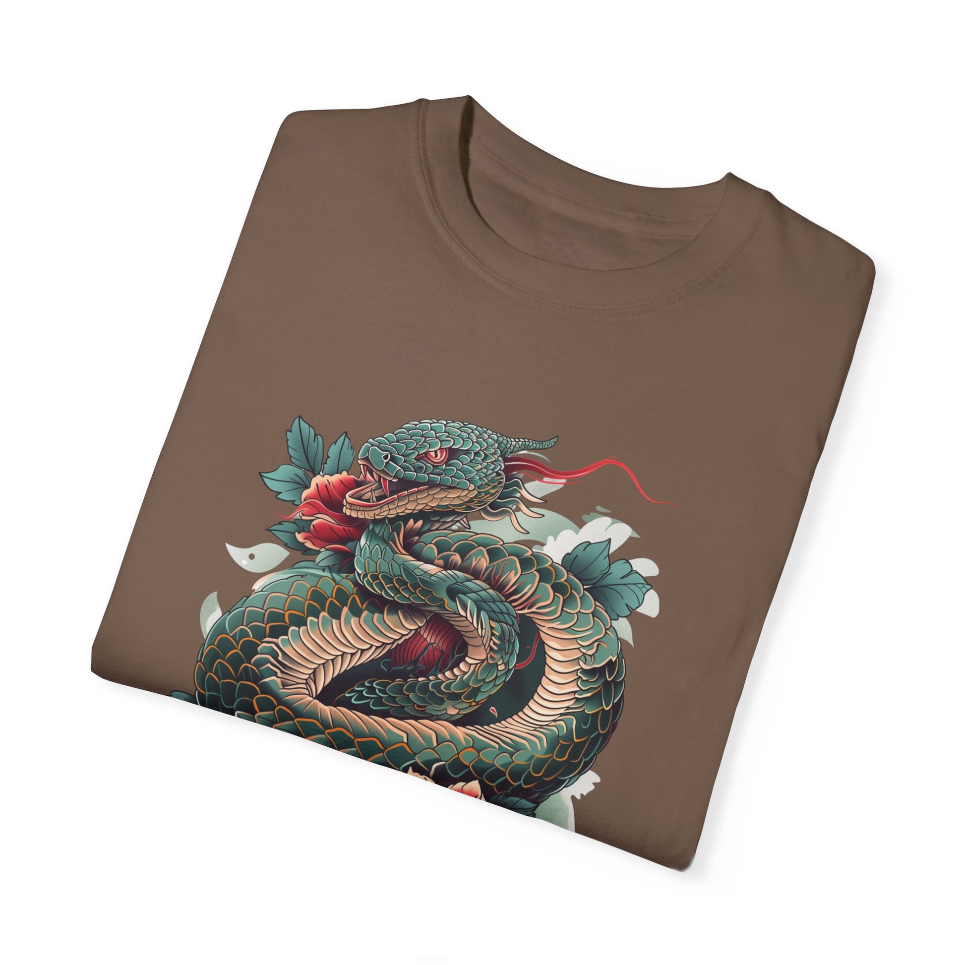 Irezumi Art King Cobra Snake Japanese Tattoo Style Graphic Unisex Garment-dyed T-shirt Cotton Funny Humorous Graphic Soft Premium Unisex Men Women Espresso T-shirt Birthday Gift-59