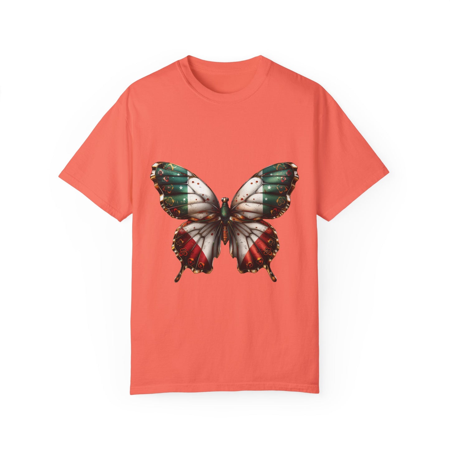 Mexican Pride Flag Butterfly Graphic Unisex Garment Dyed T-shirt Cotton Funny Humorous Graphic Soft Premium Unisex Men Women Bright Salmon T-shirt Birthday Gift-6