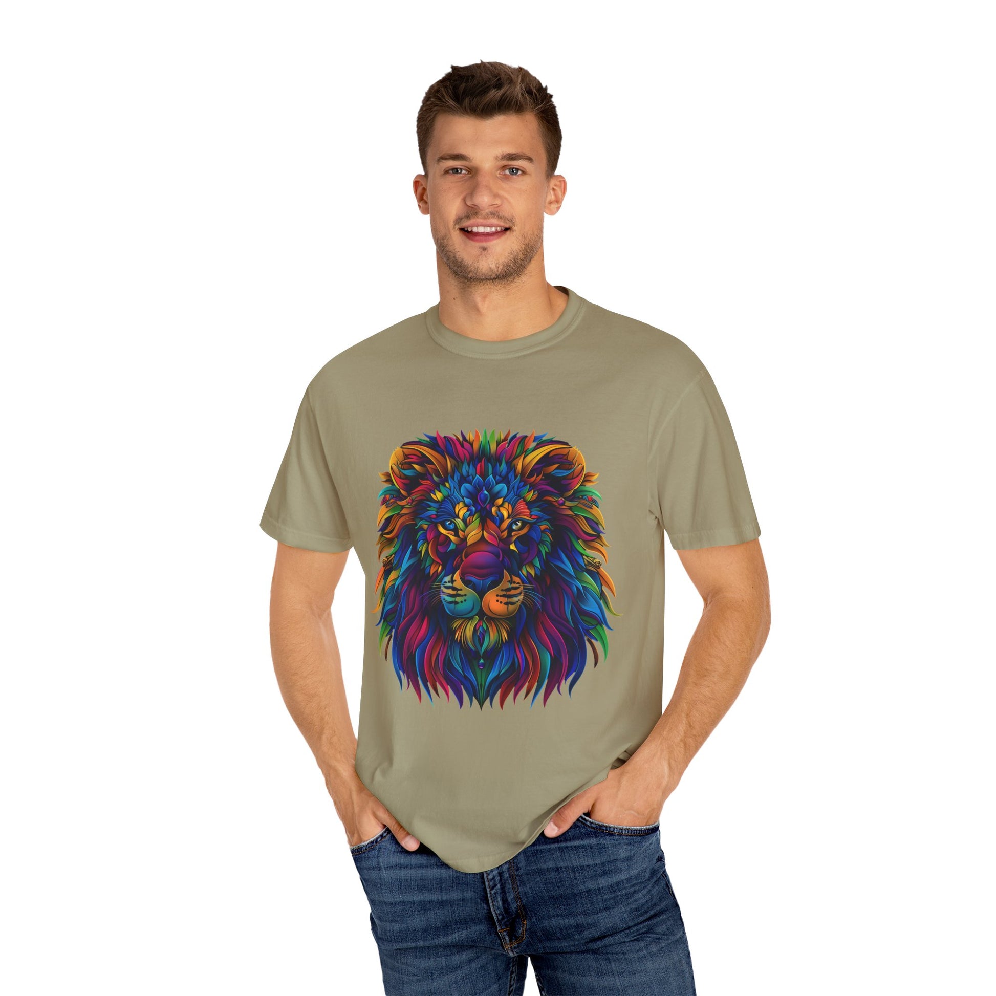 Lion Head Cool Graphic Design Novelty Unisex Garment-dyed T-shirt Cotton Funny Humorous Graphic Soft Premium Unisex Men Women Khaki T-shirt Birthday Gift-48