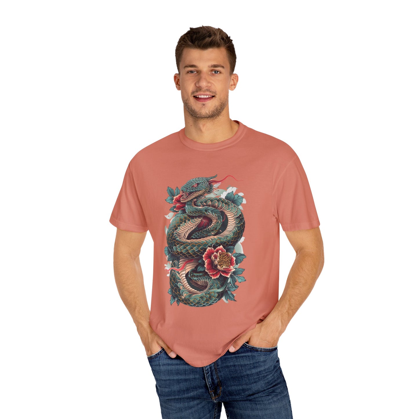 Irezumi Art King Cobra Snake Japanese Tattoo Style Graphic Unisex Garment-dyed T-shirt Cotton Funny Humorous Graphic Soft Premium Unisex Men Women Terracotta T-shirt Birthday Gift-57