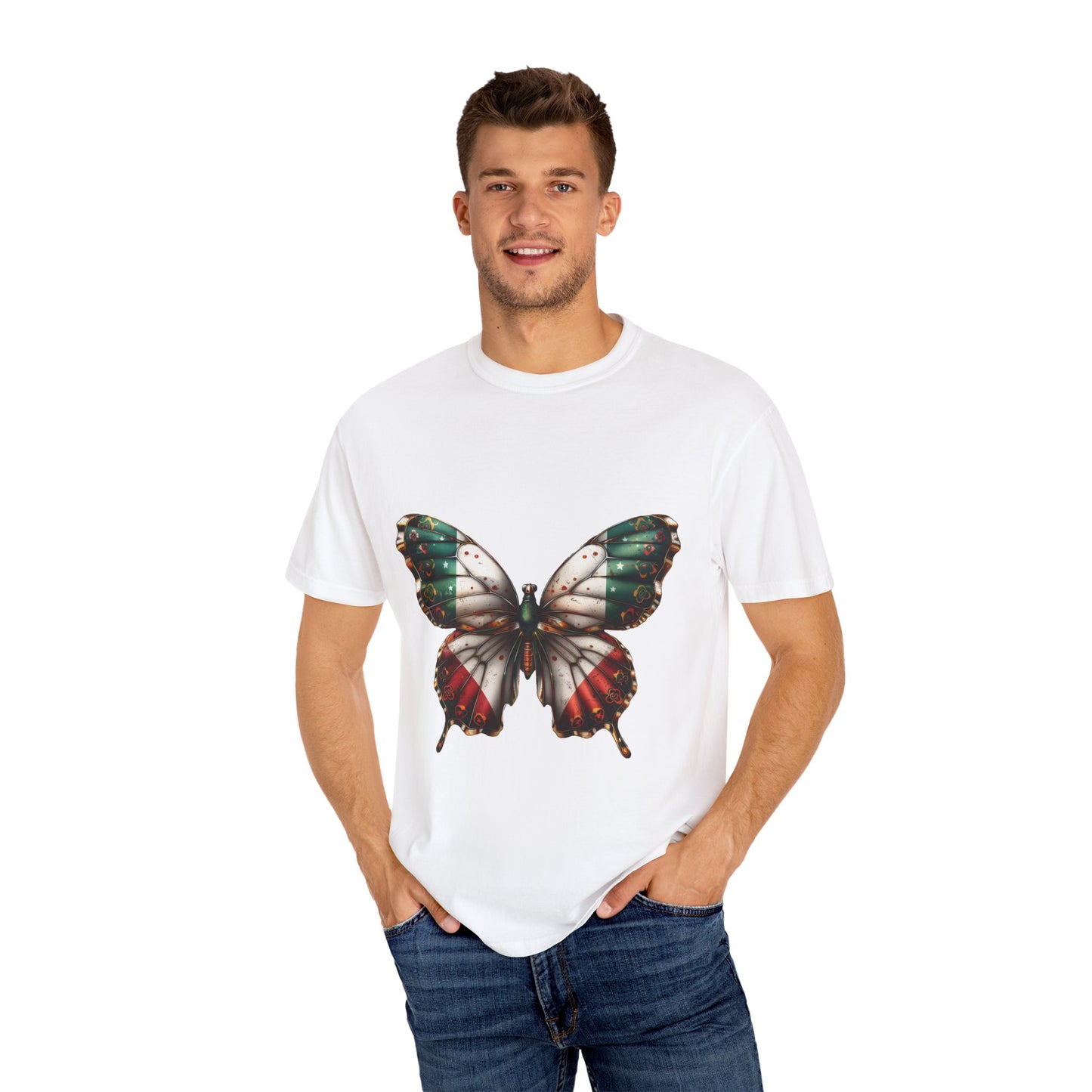 Mexican Pride Flag Butterfly Graphic Unisex Garment Dyed T-shirt Cotton Funny Humorous Graphic Soft Premium Unisex Men Women White T-shirt Birthday Gift-24