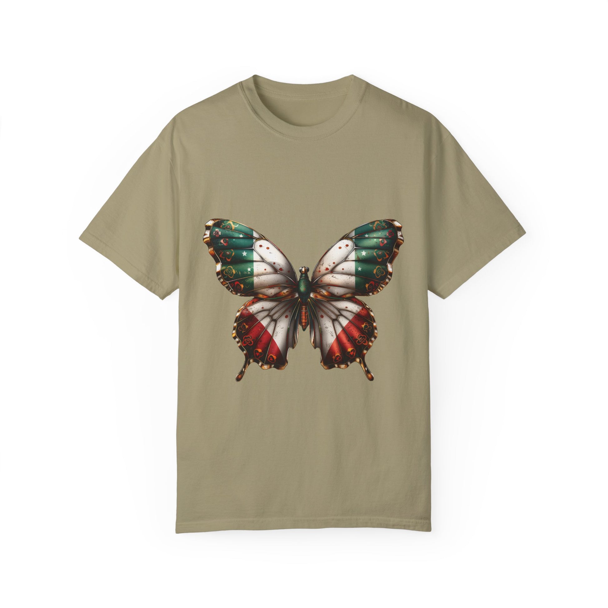 Mexican Pride Flag Butterfly Graphic Unisex Garment Dyed T-shirt Cotton Funny Humorous Graphic Soft Premium Unisex Men Women Khaki T-shirt Birthday Gift-11