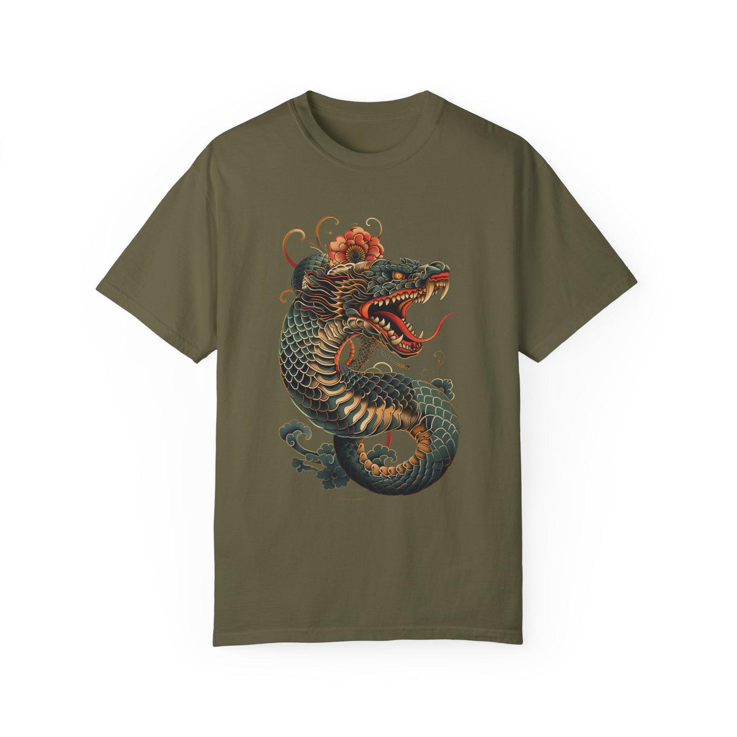 Irezumi Art King Cobra Snake Japanese Tattoo Style Graphic Unisex Garment-dyed T-shirt Cotton Funny Humorous Graphic Soft Premium Unisex Men Women Sage T-shirt Birthday Gift-13