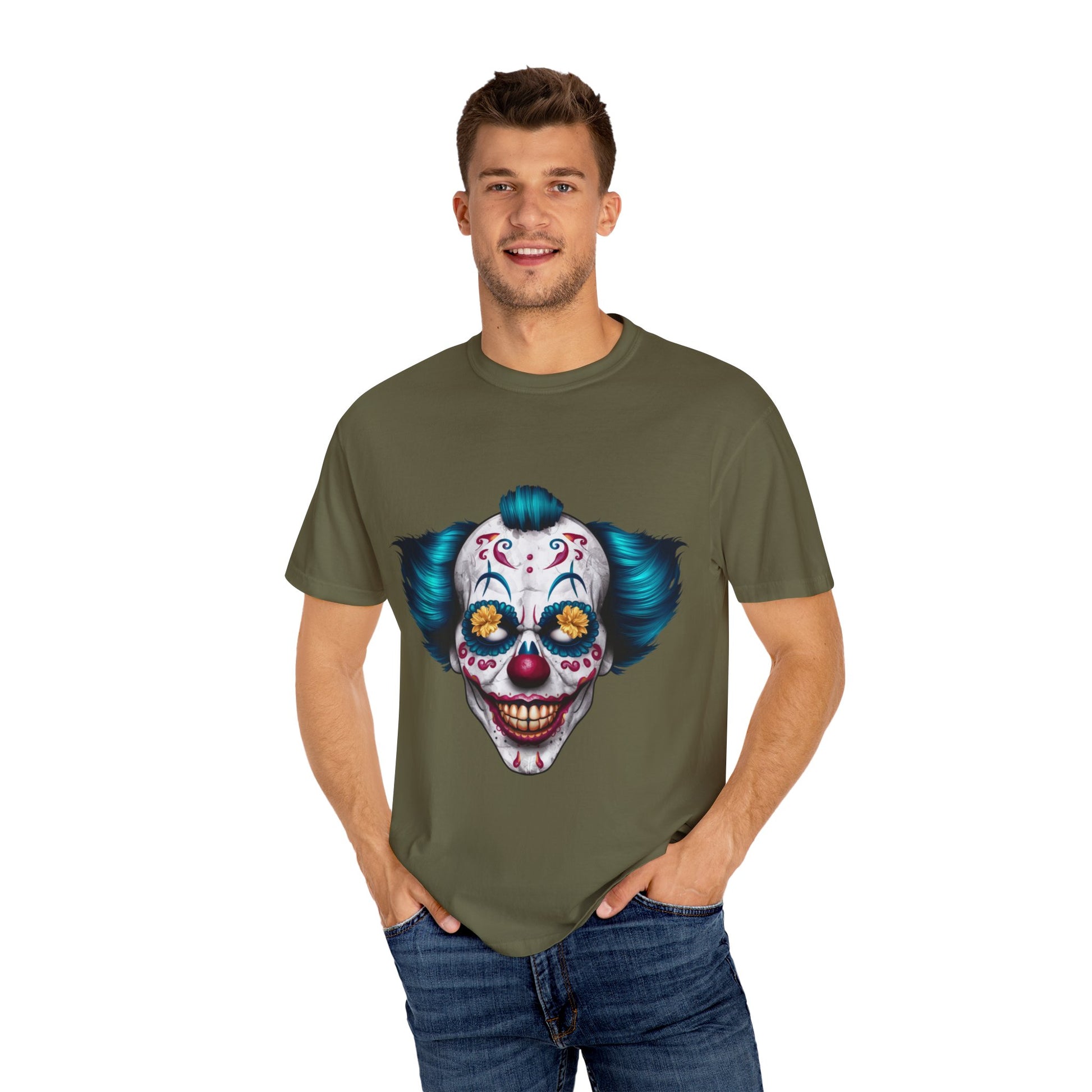 Funny Horror Scary Clown Face Urban Sarcastic Graphic Unisex Garment Dyed T-shirt Cotton Funny Humorous Graphic Soft Premium Unisex Men Women Sage T-shirt Birthday Gift-54