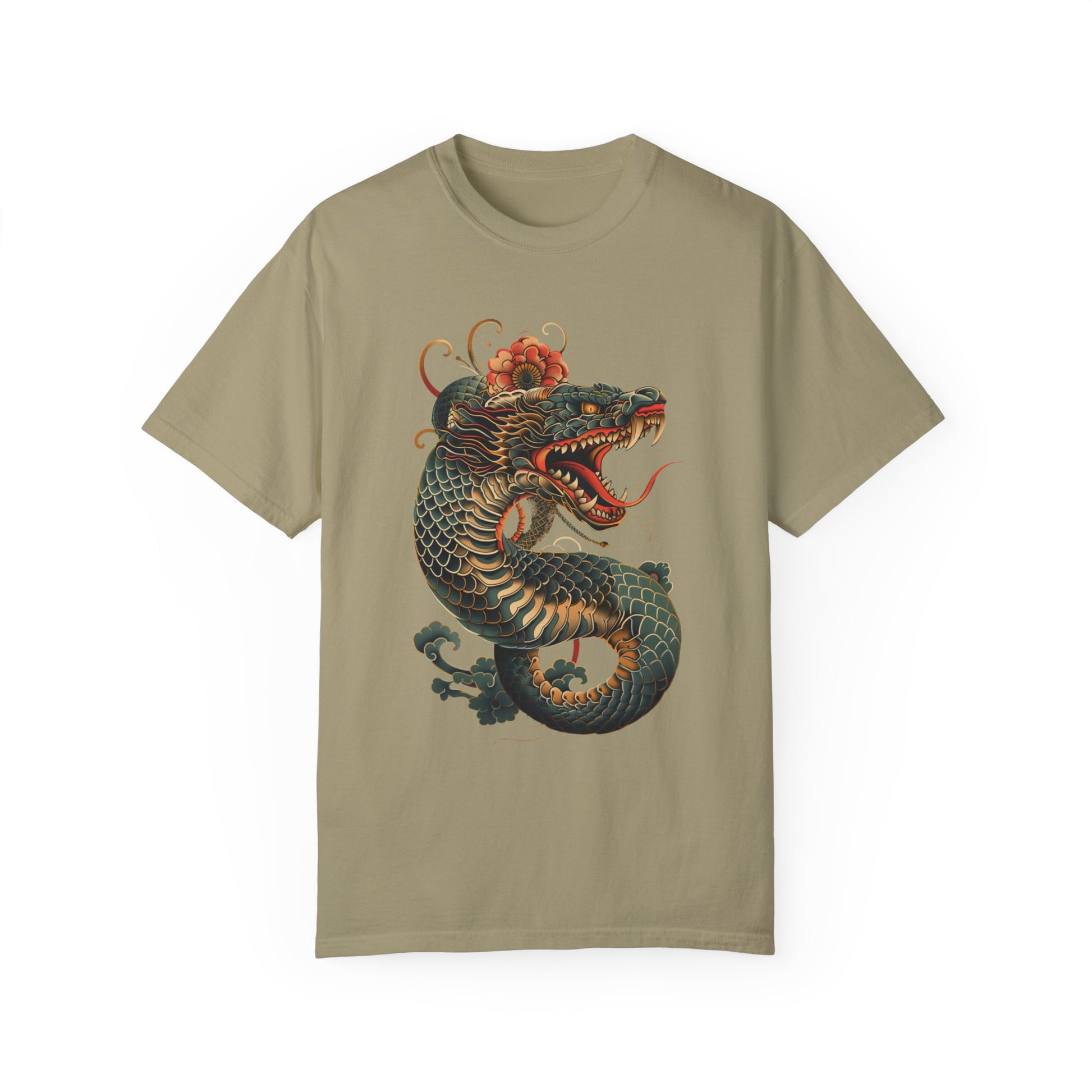 Irezumi Art King Cobra Snake Japanese Tattoo Style Graphic Unisex Garment-dyed T-shirt Cotton Funny Humorous Graphic Soft Premium Unisex Men Women Khaki T-shirt Birthday Gift-11